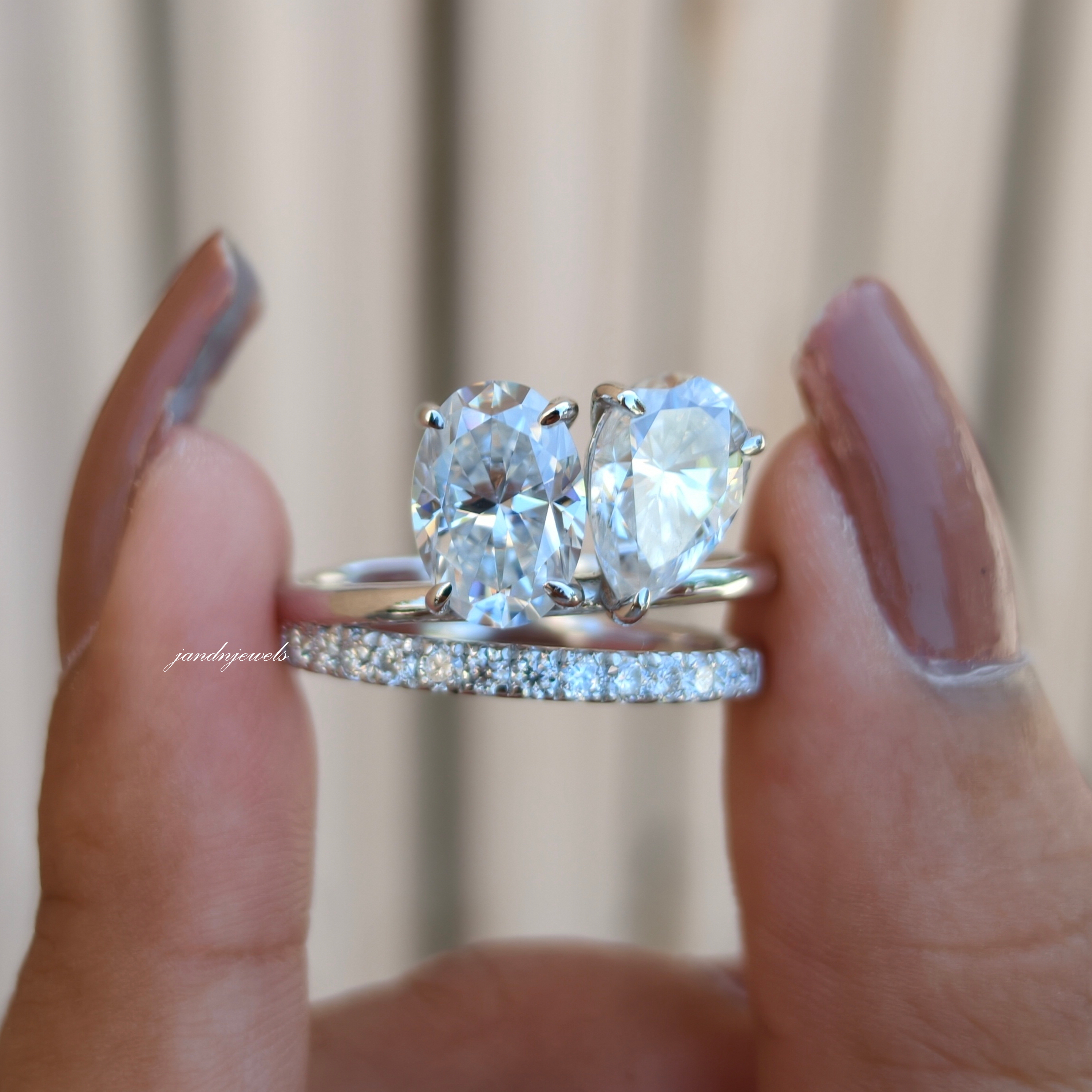 Toi et Moi Oval Pear Moissanite Ring, Two Stone Gold Engagement Ring, Minimal Pave Band Bridal