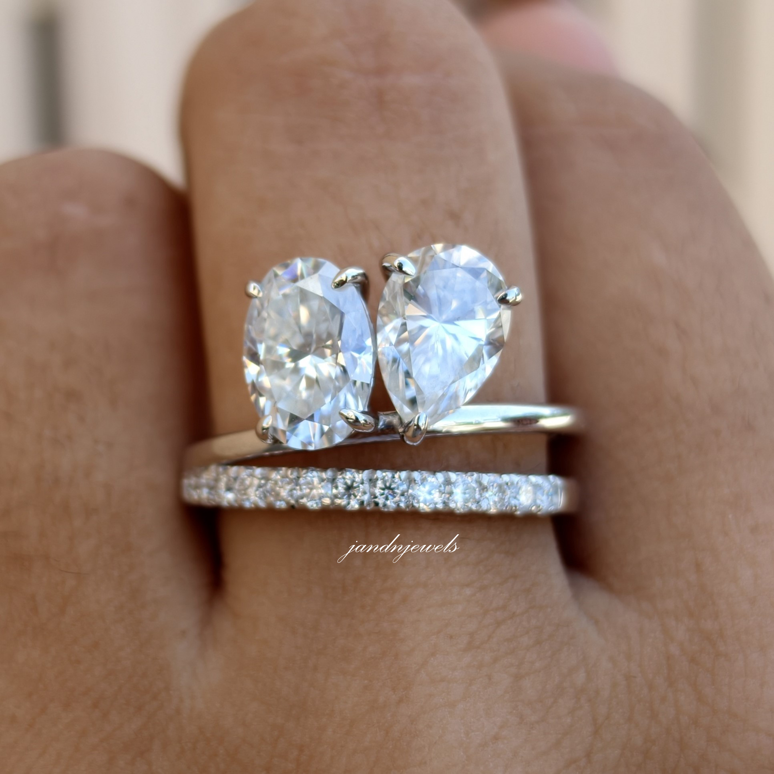 Toi et Moi Oval Pear Moissanite Ring, Two Stone Gold Engagement Ring, Minimal Pave Band Bridal