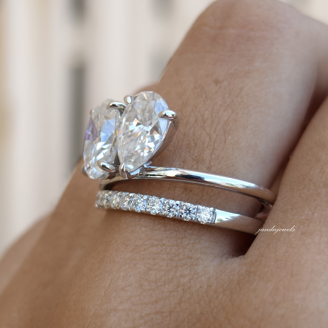 Toi et Moi Oval Pear Moissanite Ring, Two Stone Gold Engagement Ring, Minimal Pave Band Bridal