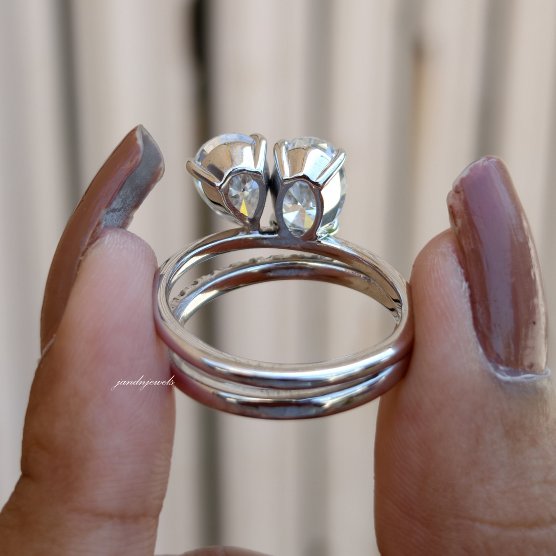 Toi et Moi Oval Pear Moissanite Ring, Two Stone Gold Engagement Ring, Minimal Pave Band Bridal