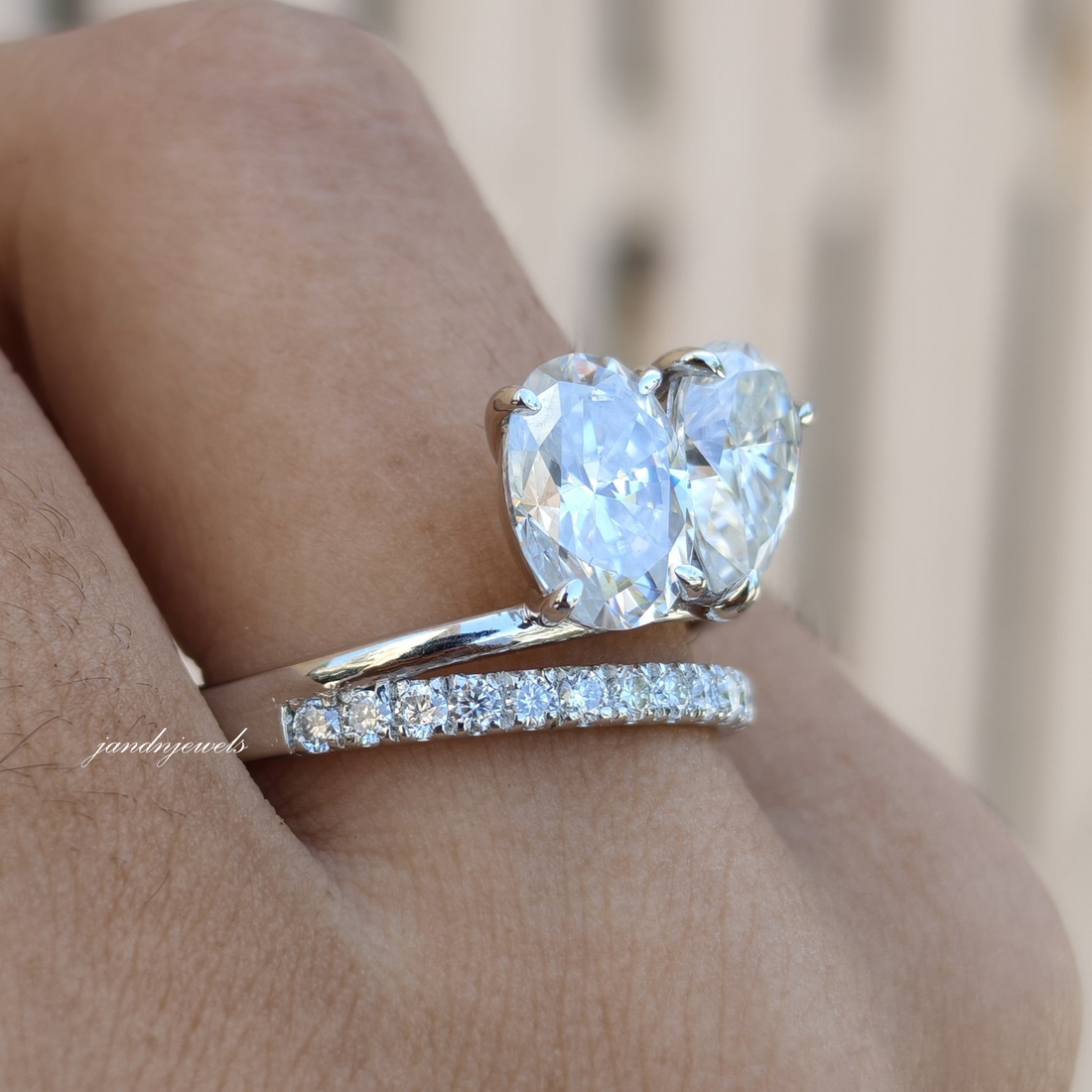 Toi et Moi Oval Pear Moissanite Ring, Two Stone Gold Engagement Ring, Minimal Pave Band Bridal