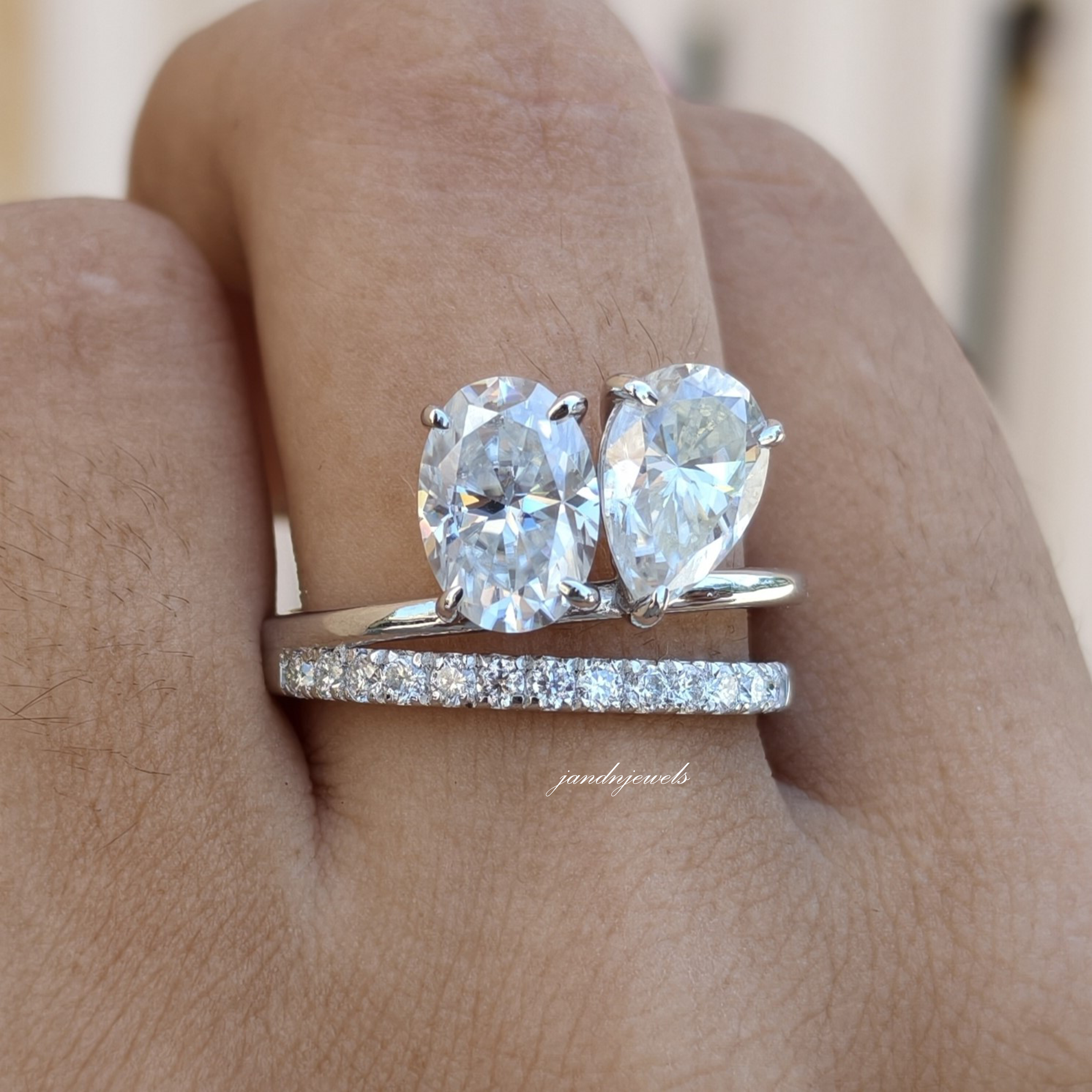 Toi et Moi Oval Pear Moissanite Ring, Two Stone Gold Engagement Ring, Minimal Pave Band Bridal