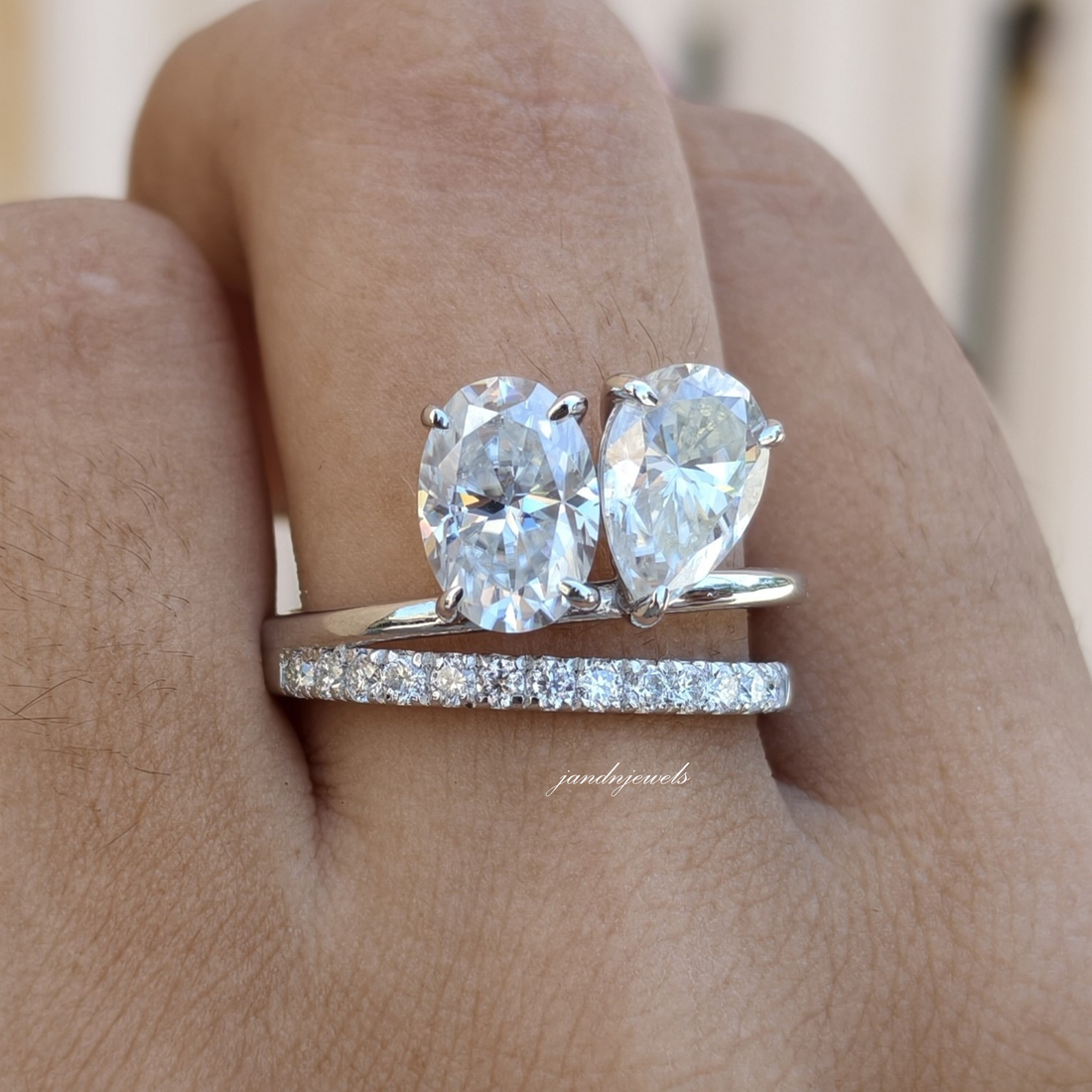 Toi et Moi Oval Pear Moissanite Ring, Two Stone Gold Engagement Ring, Minimal Pave Band Bridal