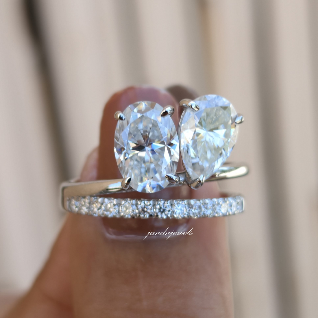 Toi et Moi Oval Pear Moissanite Ring, Two Stone Gold Engagement Ring, Minimal Pave Band Bridal