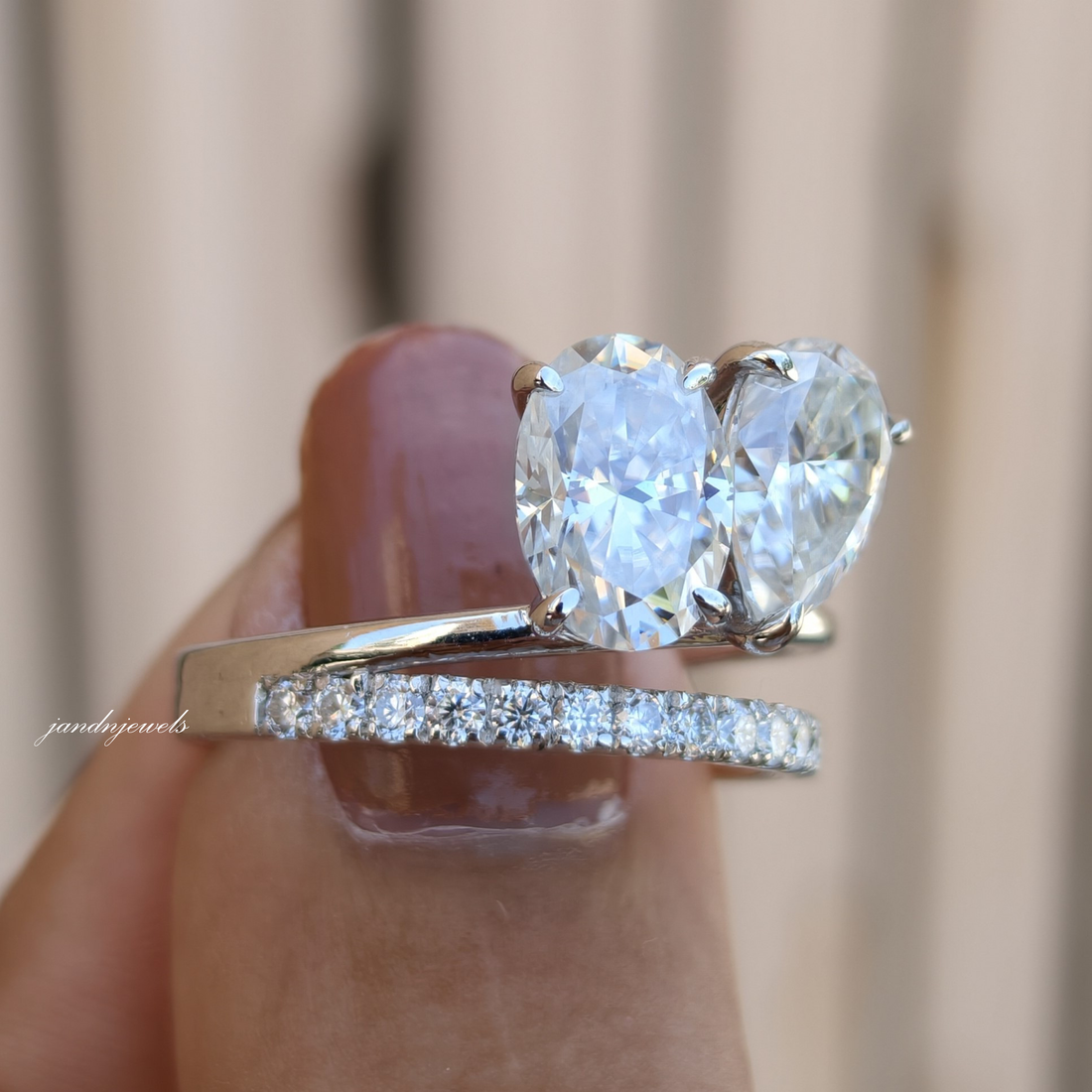 Toi et Moi Oval Pear Moissanite Ring, Two Stone Gold Engagement Ring, Minimal Pave Band Bridal