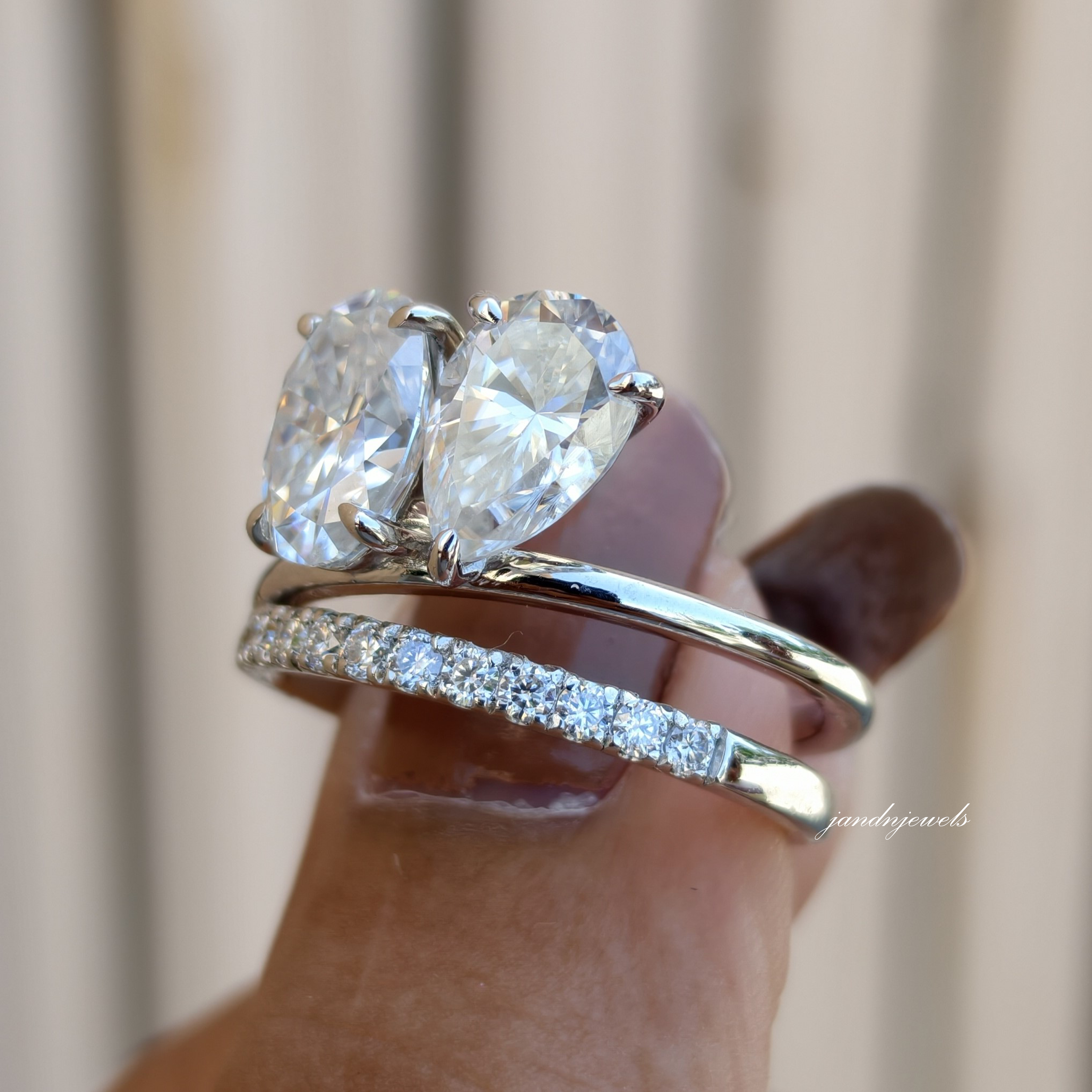 Toi et Moi Oval Pear Moissanite Ring, Two Stone Gold Engagement Ring, Minimal Pave Band Bridal