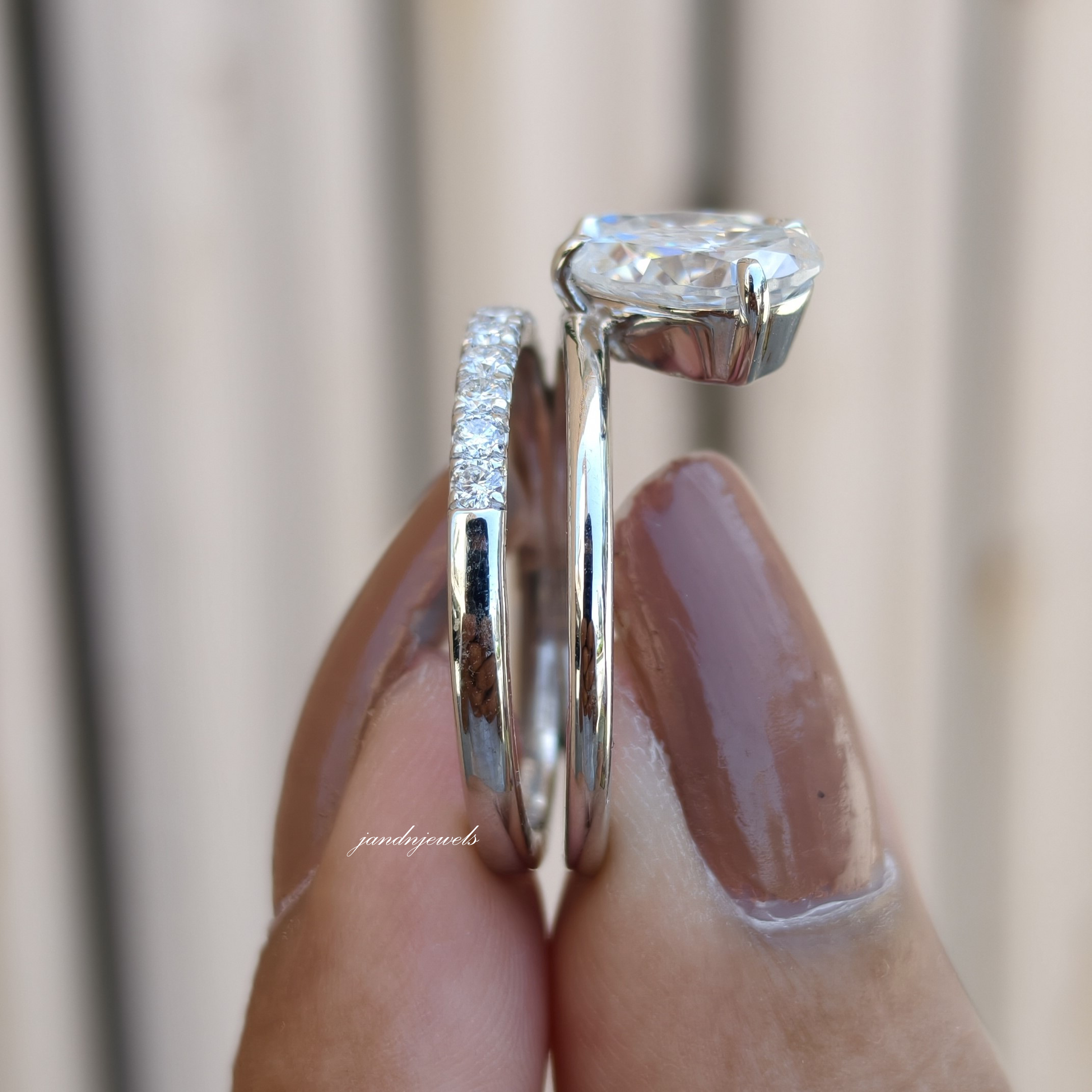 Toi et Moi Oval Pear Moissanite Ring, Two Stone Gold Engagement Ring, Minimal Pave Band Bridal