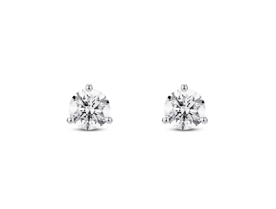 Front view of white lab grown 1 carat total weight round brilliant solitaire studs in 14k white gold
