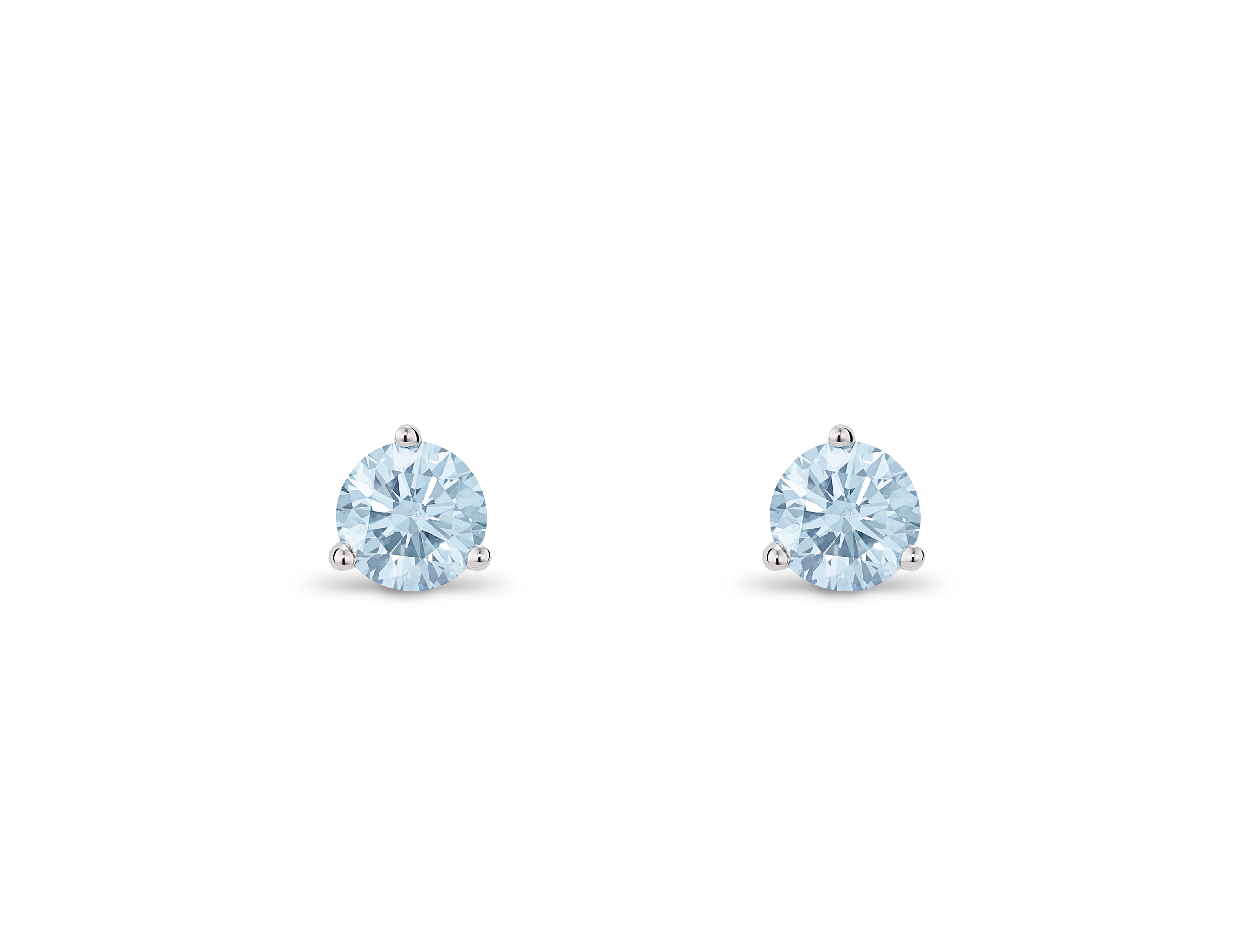 Front view of blue 0.5 carat round brilliant solitaire studs in 14k white gold