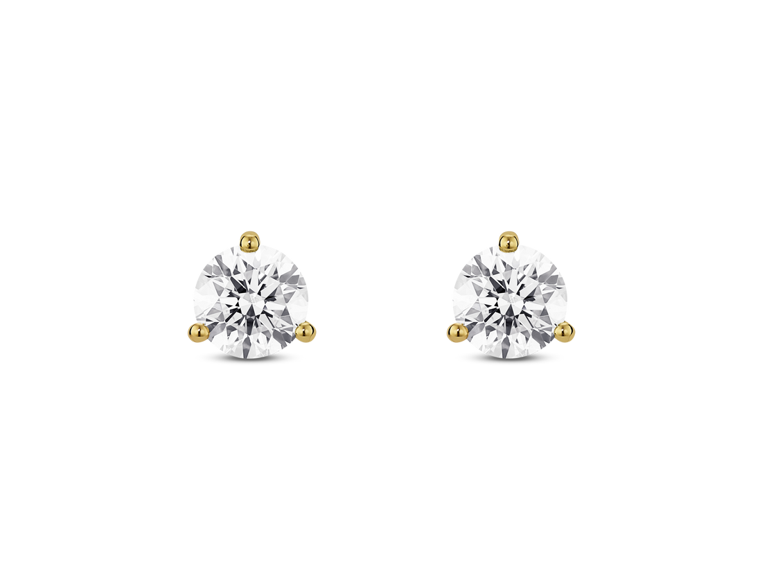 Front view of white lab grown 1 carat total weight round brilliant solitaire studs in 14k yellow gold