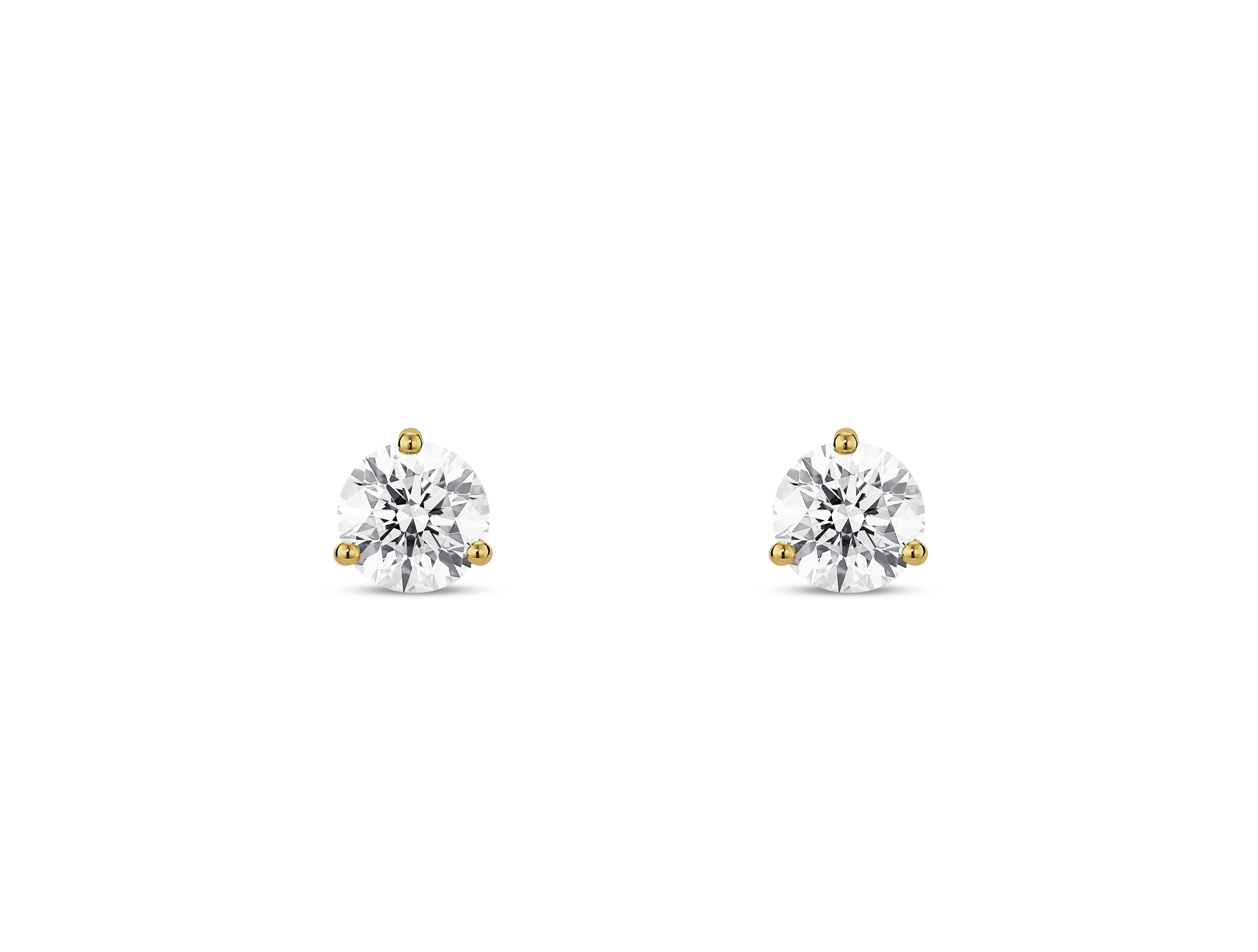 Front view of white 1/2 carat total weight round brilliant solitaire diamond studs in 10k yellow gold