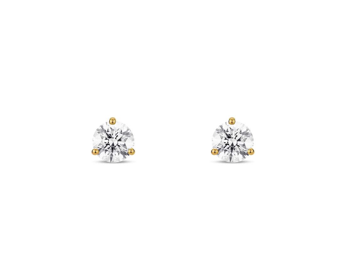 Front view of white 1/2 carat total weight round brilliant solitaire diamond studs in 10k yellow gold