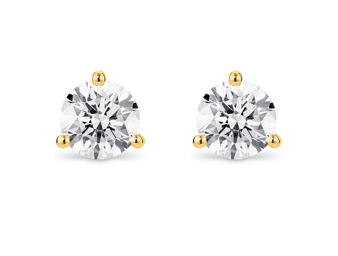 Front view of 2 carat total weight 14k yellow gold solitaire round brilliant gold studs with white diamonds