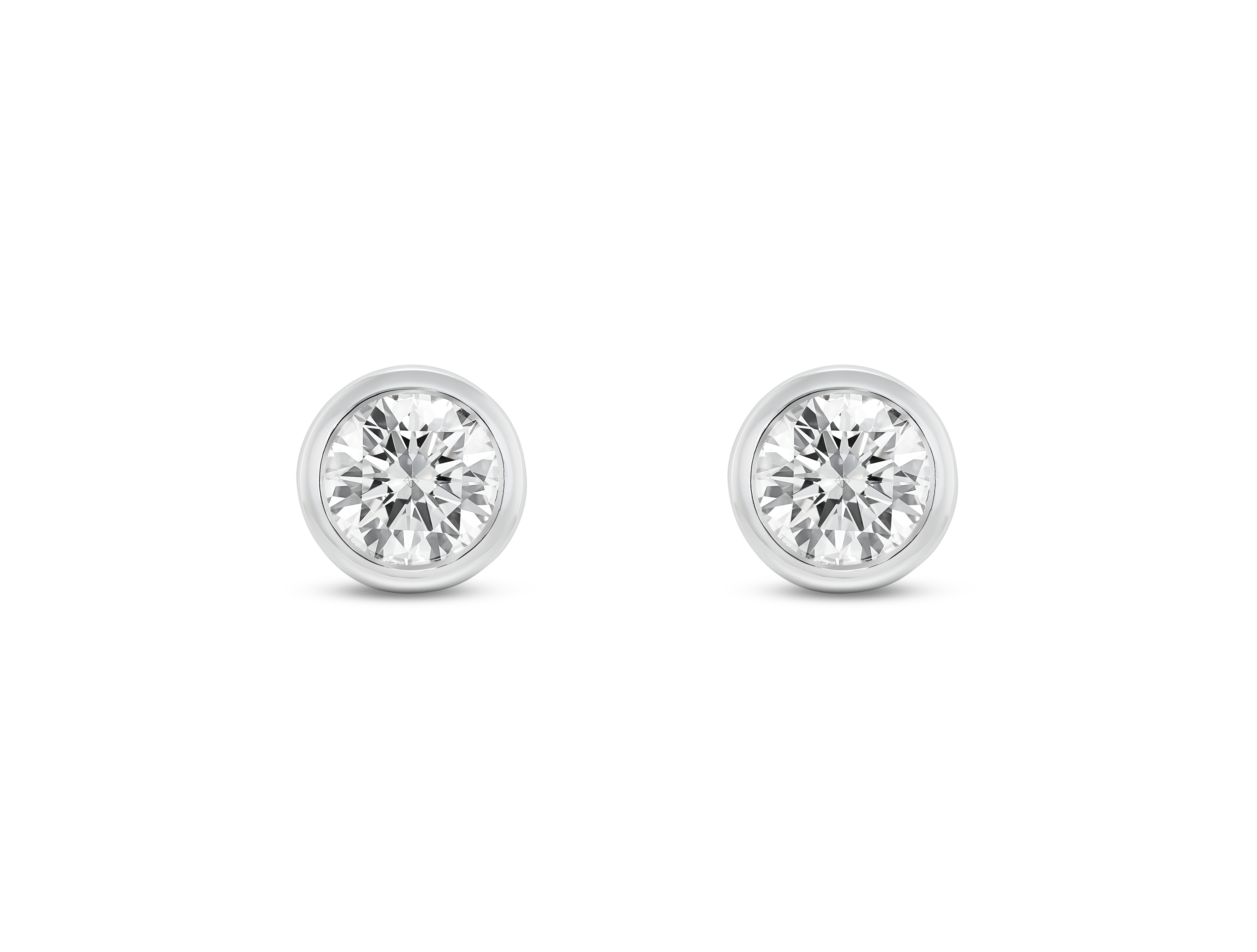 Front view of white 1 carat total weight round brilliant studs in a 14k white gold bezel setting