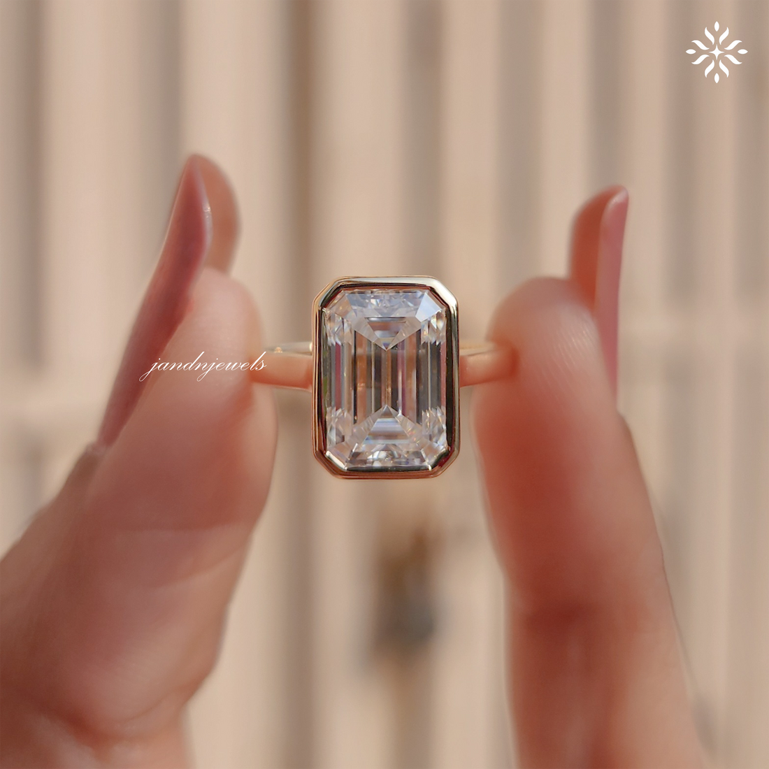 3 Carat Emerald Cut Lab Grown Diamond Engagement Ring | 14K Gold Bezel | IGI Certified