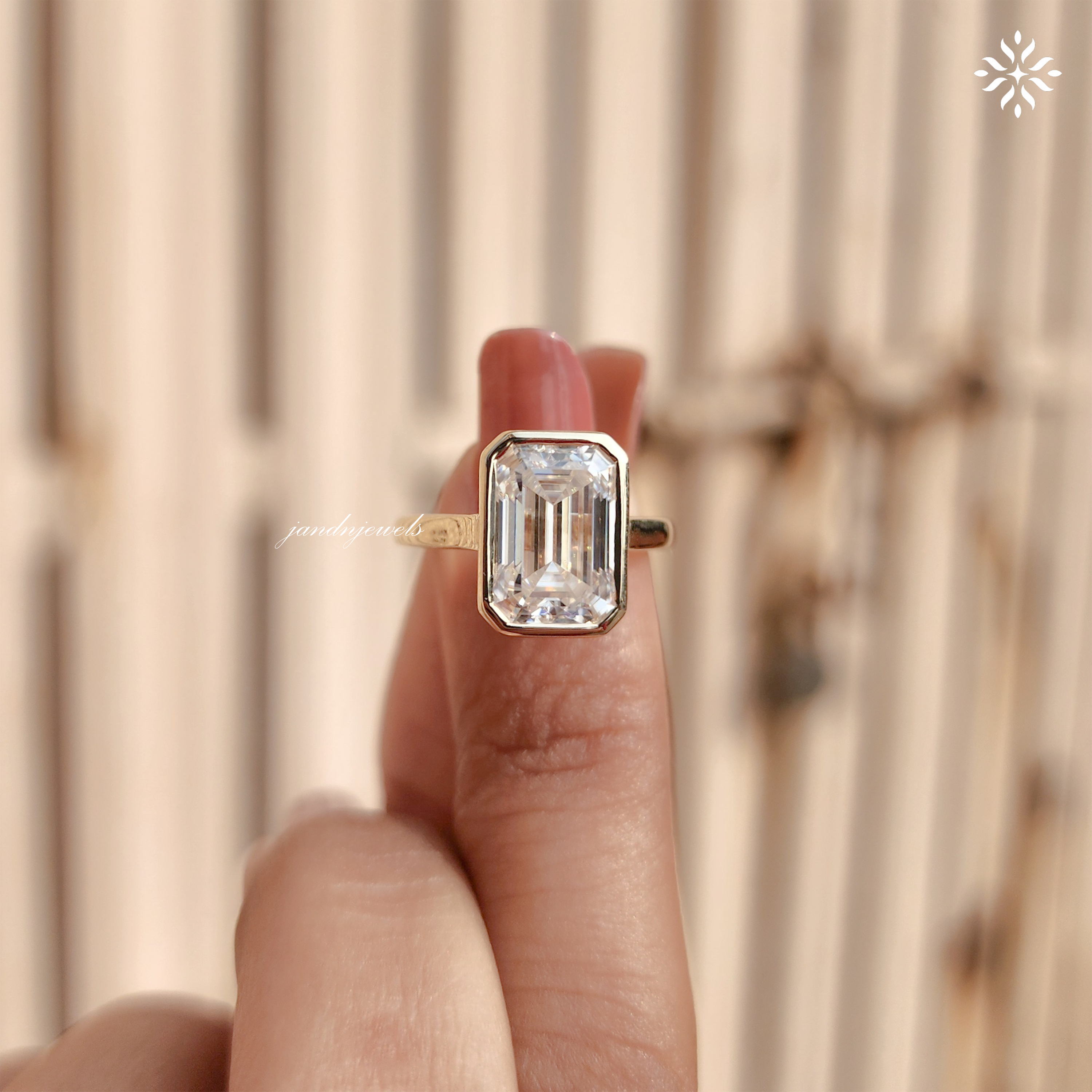 3 Carat Emerald Cut Lab Grown Diamond Engagement Ring | 14K Gold Bezel | IGI Certified