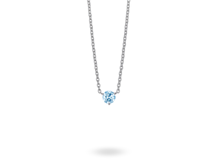 Front view of 0.5 carat blue round brilliant solitaire pendant in 14k white gold