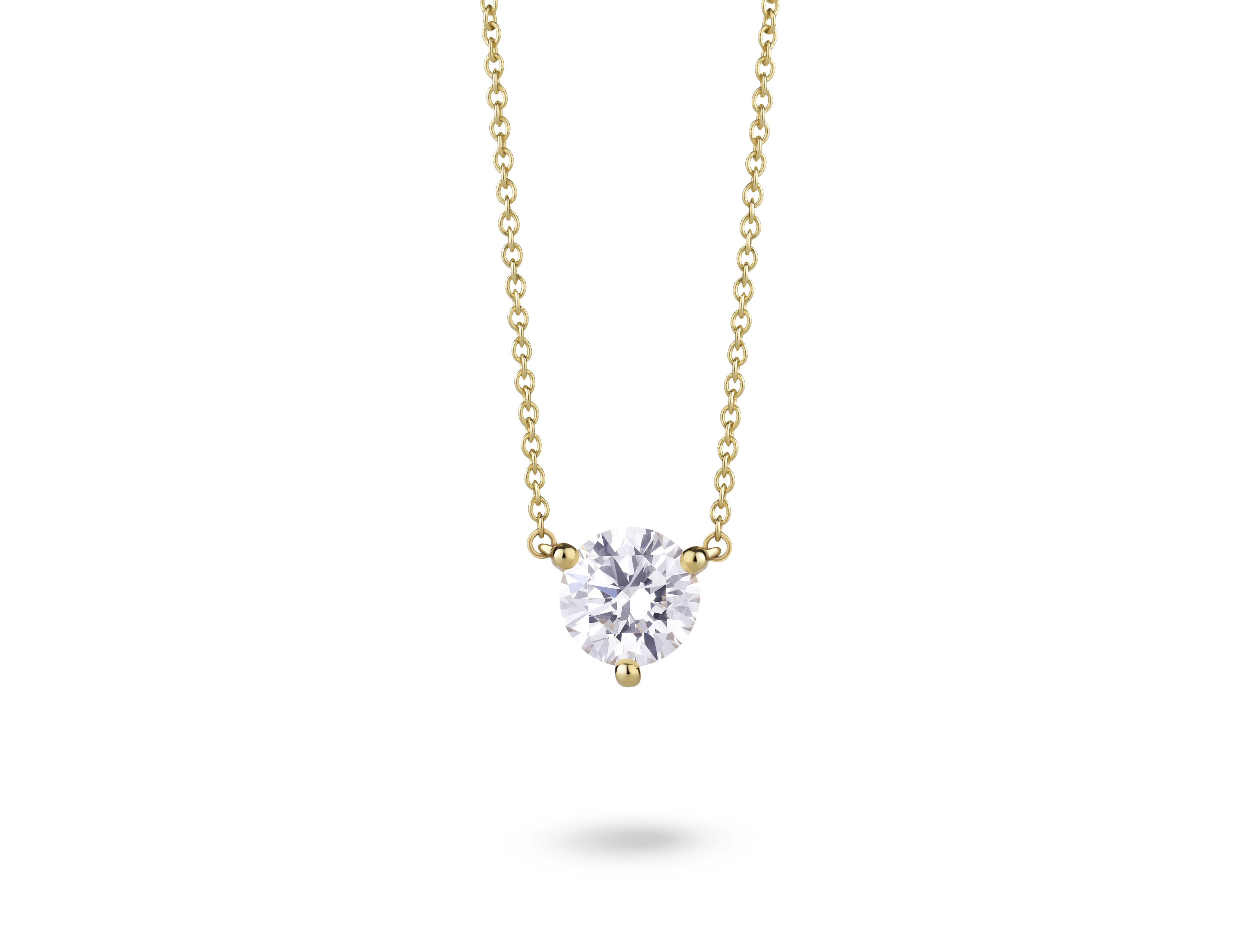 Front view of 14k yellow gold 1 carat solitaire round brilliant pendant with white diamond