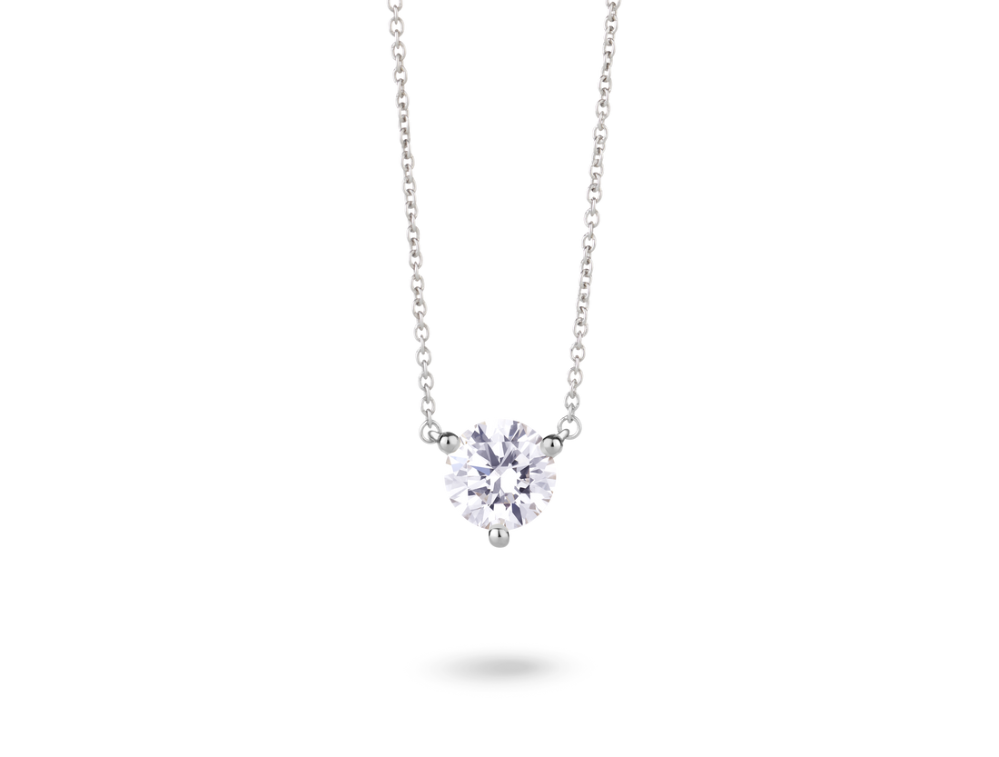 Front view of 14k white gold 1 carat solitaire round brilliant pendant with white diamond