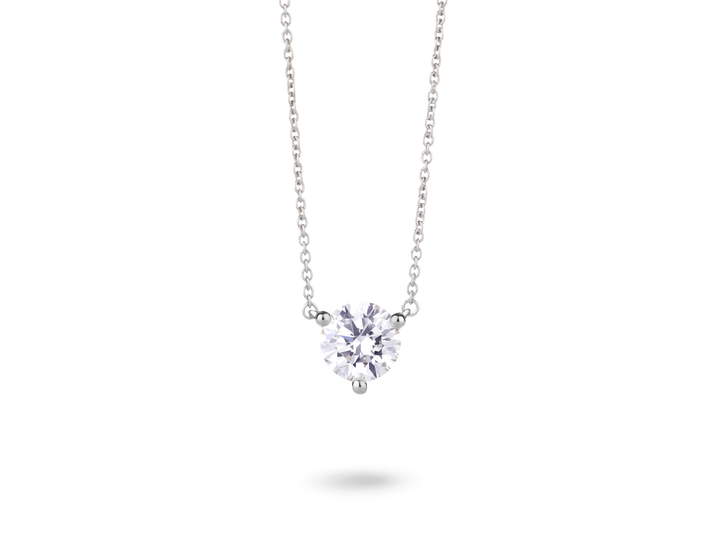 Front view of 14k white gold 1 carat solitaire round brilliant pendant with white diamond
