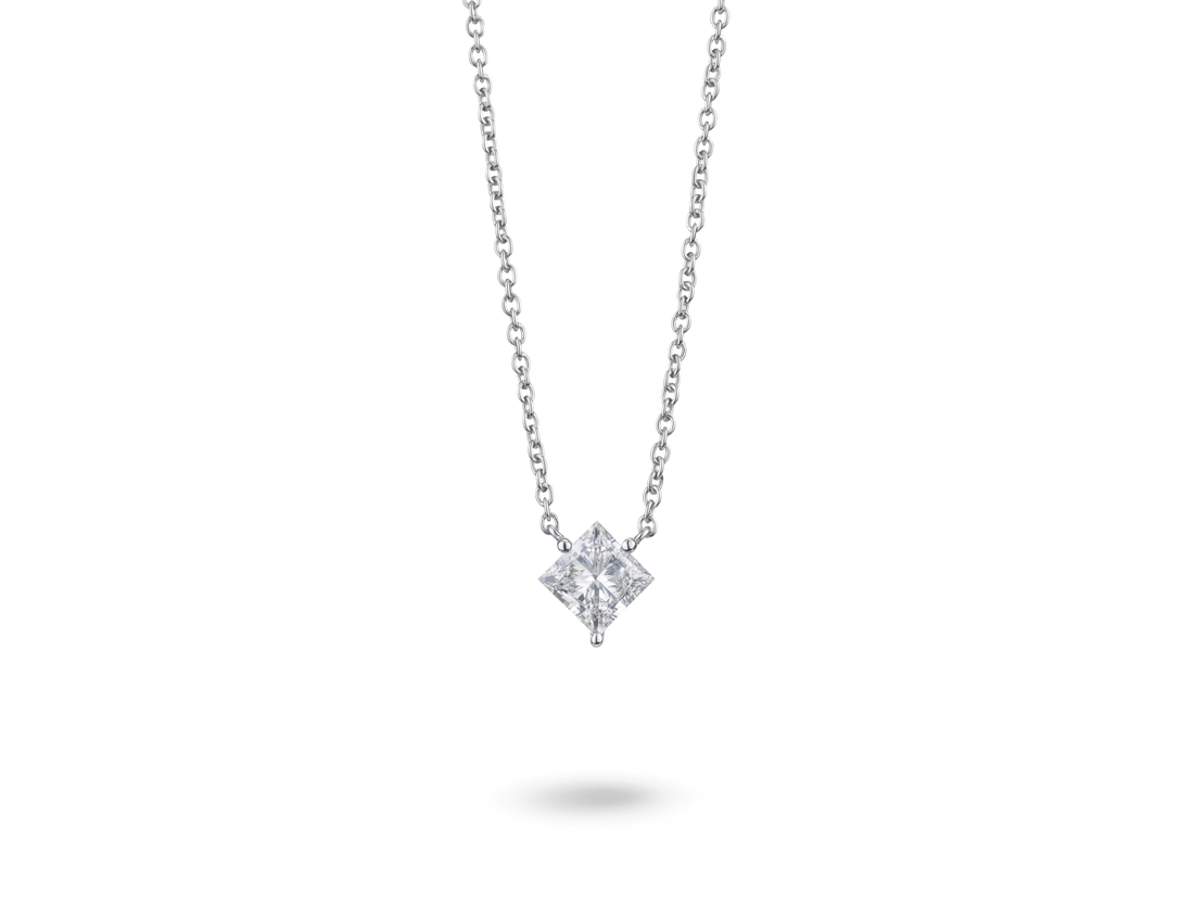 Front view of 14k white gold 1 carat princess cut pendant with white diamond