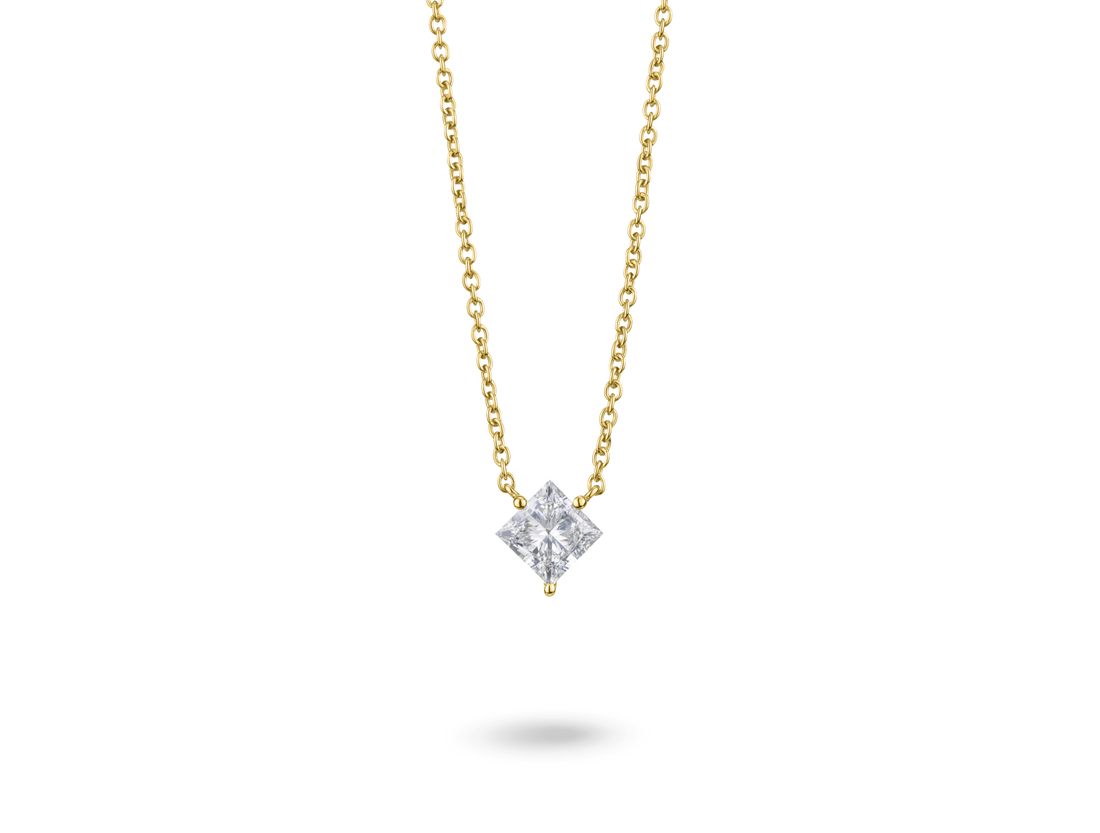 Front view of 14k yellow gold 1 carat princess cut pendant with white diamond