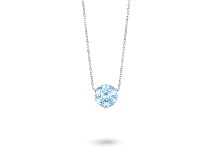 Front view of a blue 2 carat round brilliant pendant in a 14k white gold solitaire setting