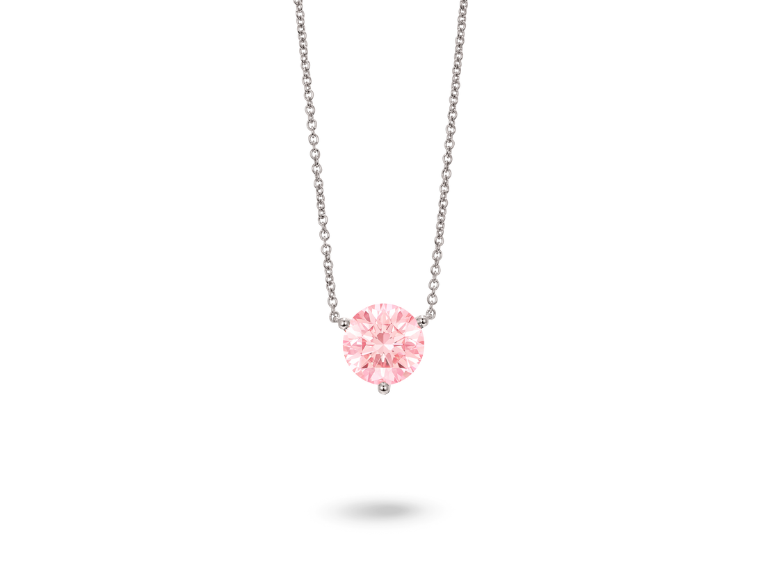Front view of 2 carat pink round brilliant pendant in 14k white gold