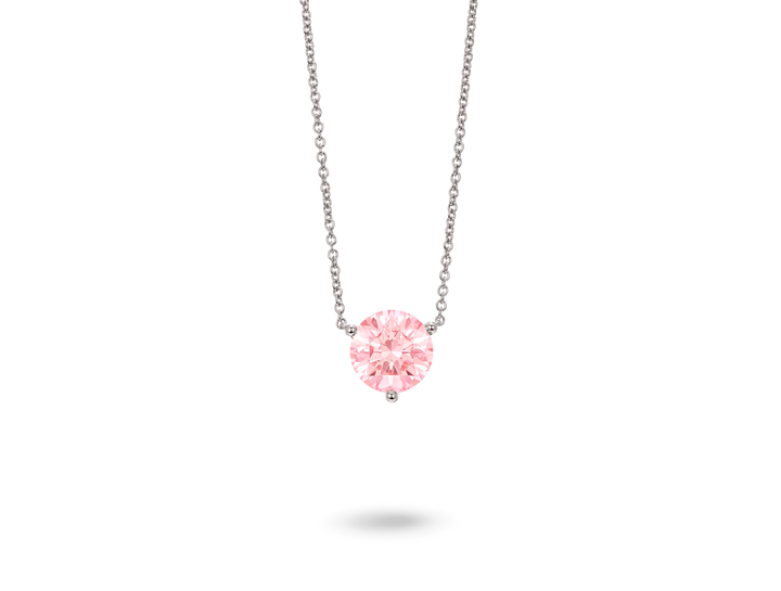 Front view of 2 carat pink round brilliant pendant in 14k white gold