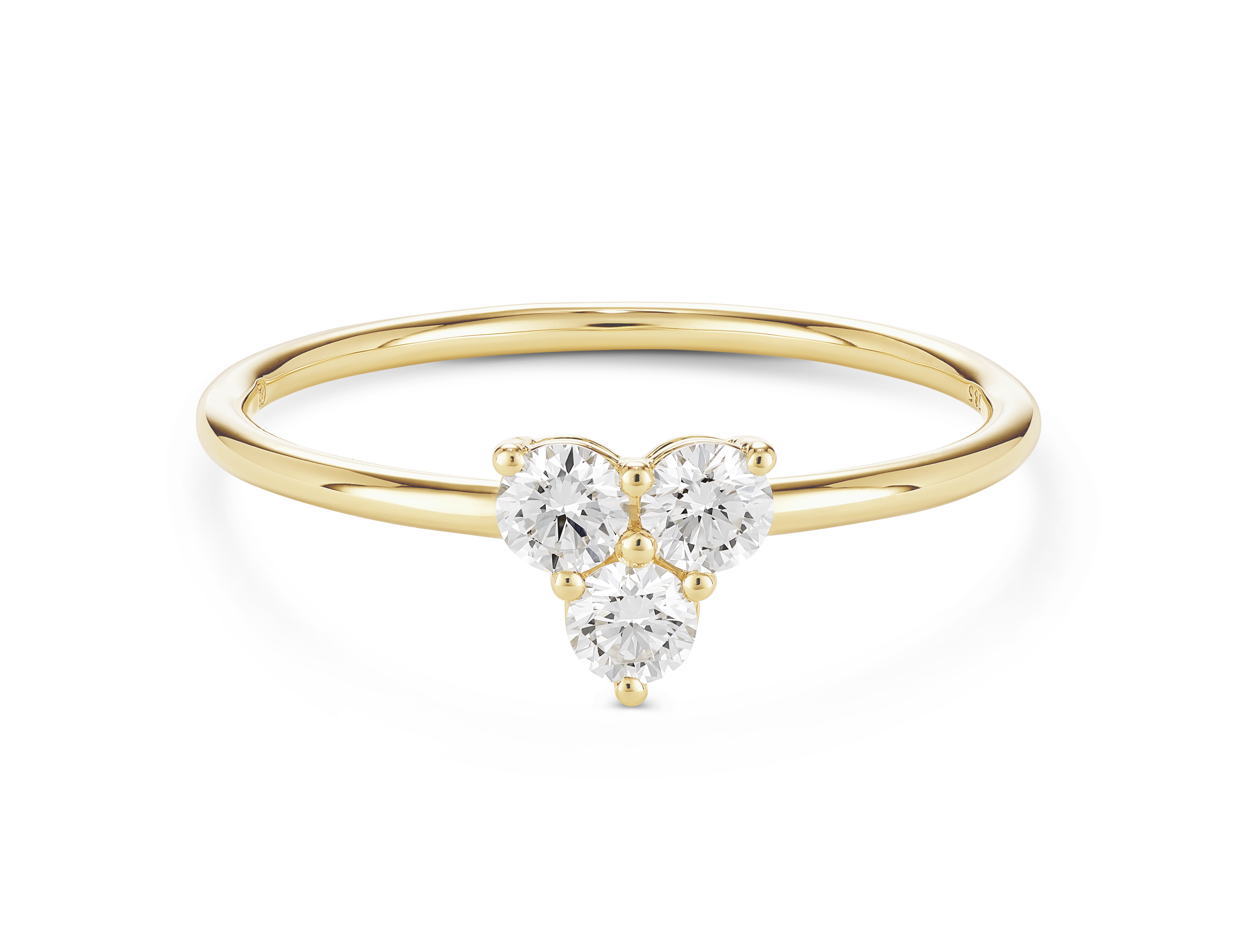 Front view of lab-grown diamond mini trio ring in yellow gold