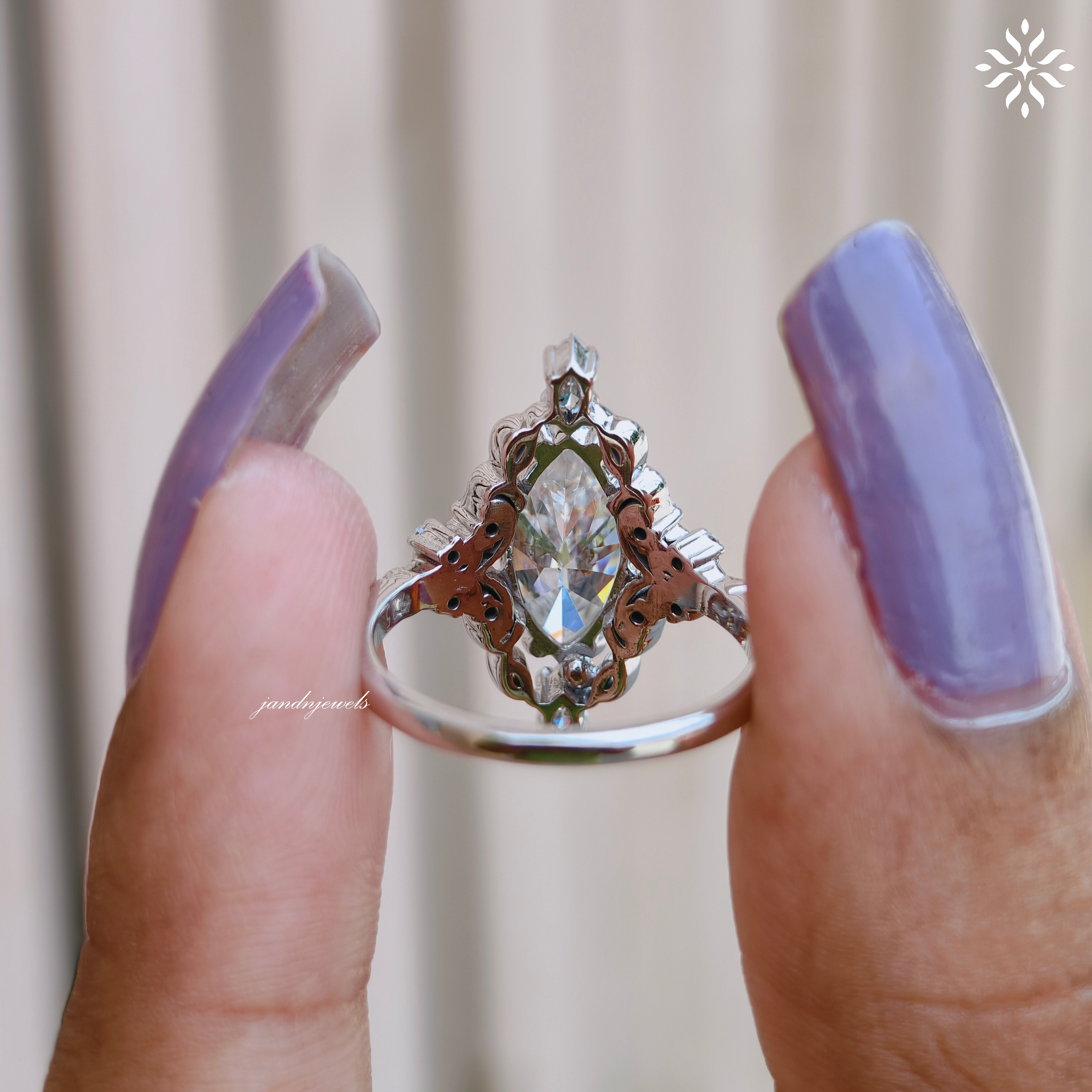 2 Carat Marquise Cut Moissanite Engagement Ring Vintage Inspired Floral Ring Antique Style Engraved Band 14K Gold Unique Bridal Ring