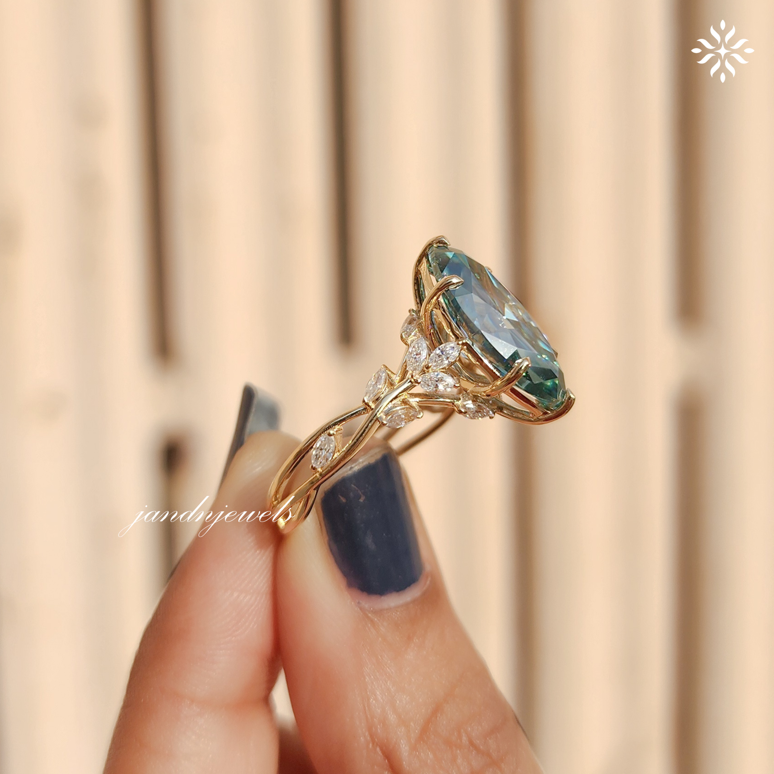 4CT Green Marquise Cut Moissanite Engagement Ring Yellow Gold Floral Vine Ring ArtDeco Ring