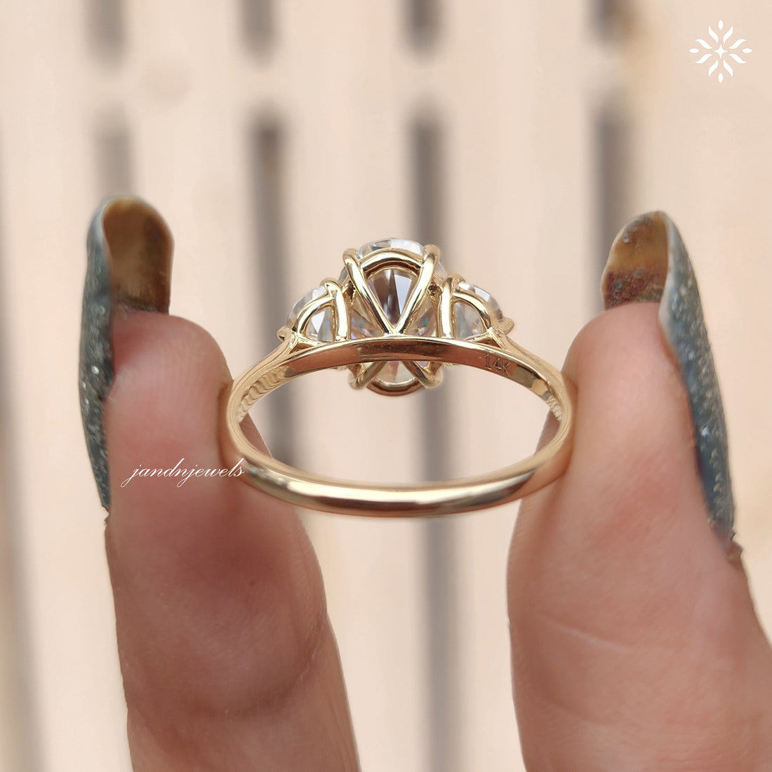 4CT Oval Cut Moissanite Engagement Ring Three Stone Half Moon Ring