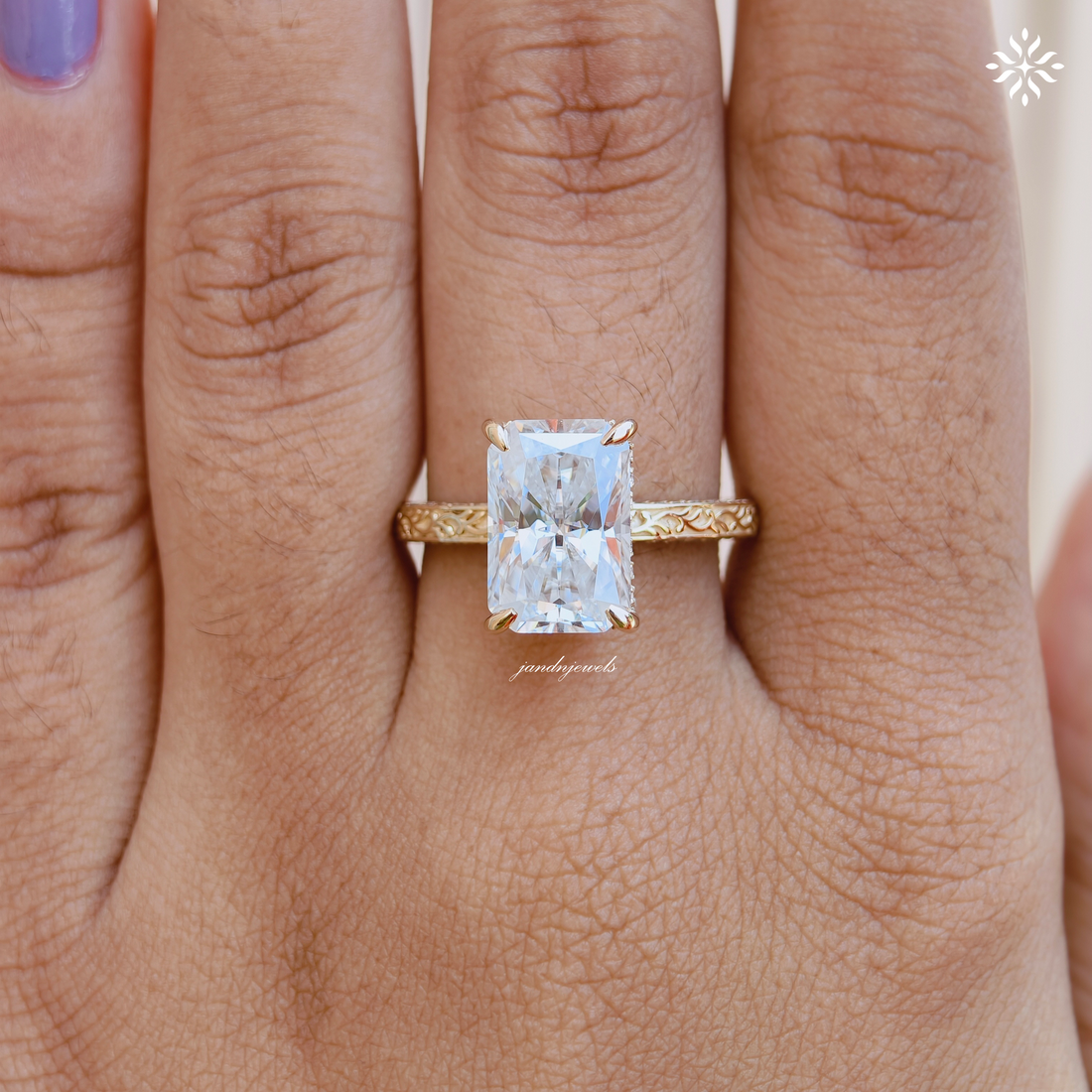 4CT Radiant Cut Moissanite Ring, Solid Yellow Gold Radiant Cut Solitaire Ring, Engraved Wedding Ring, 4 Prongs Anniversary Ring for Women