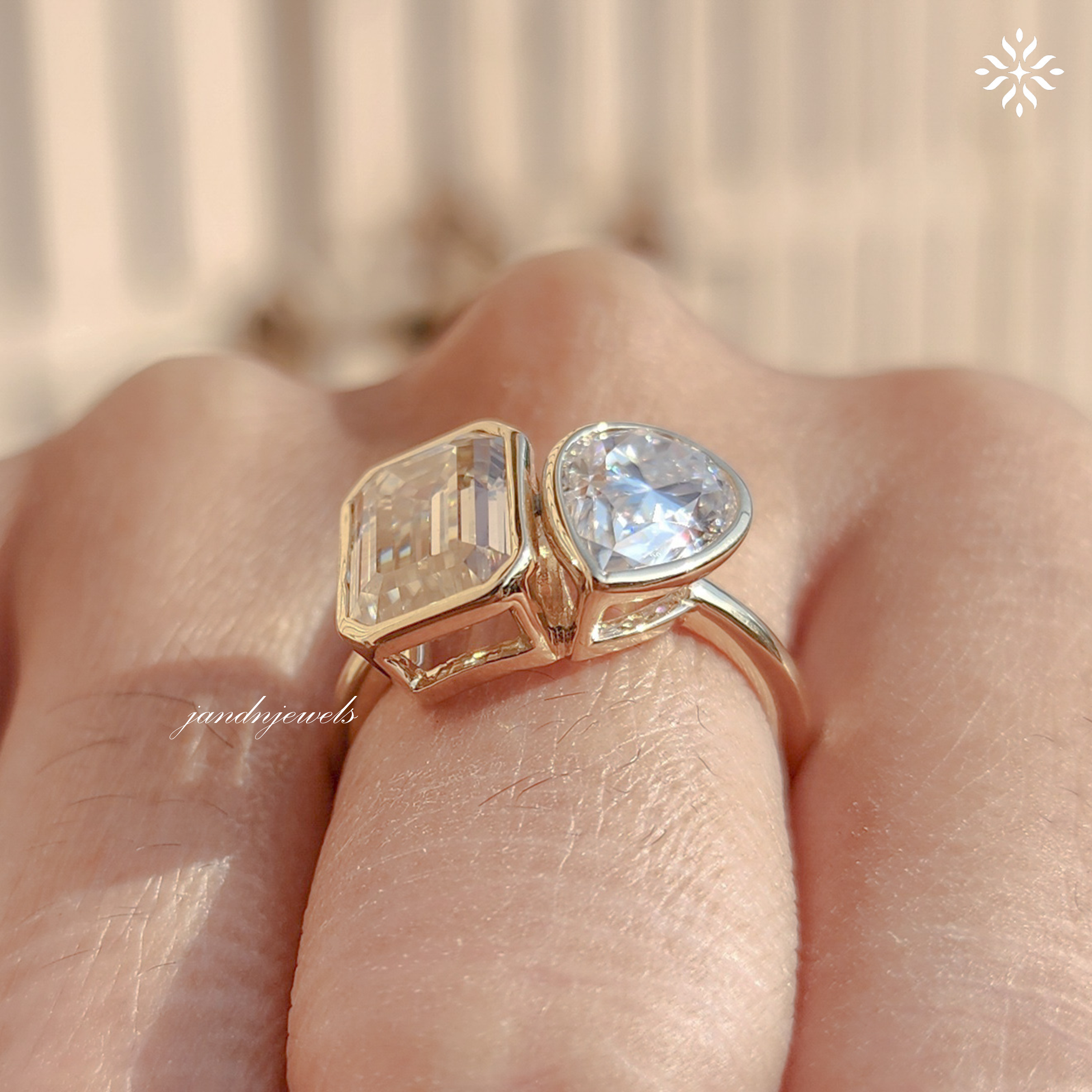 Toi et Moi Pear Shaped & Emerald Cut Moissanite Ring Two Stone Gold Engagement Ring Unique Bridal Ring
