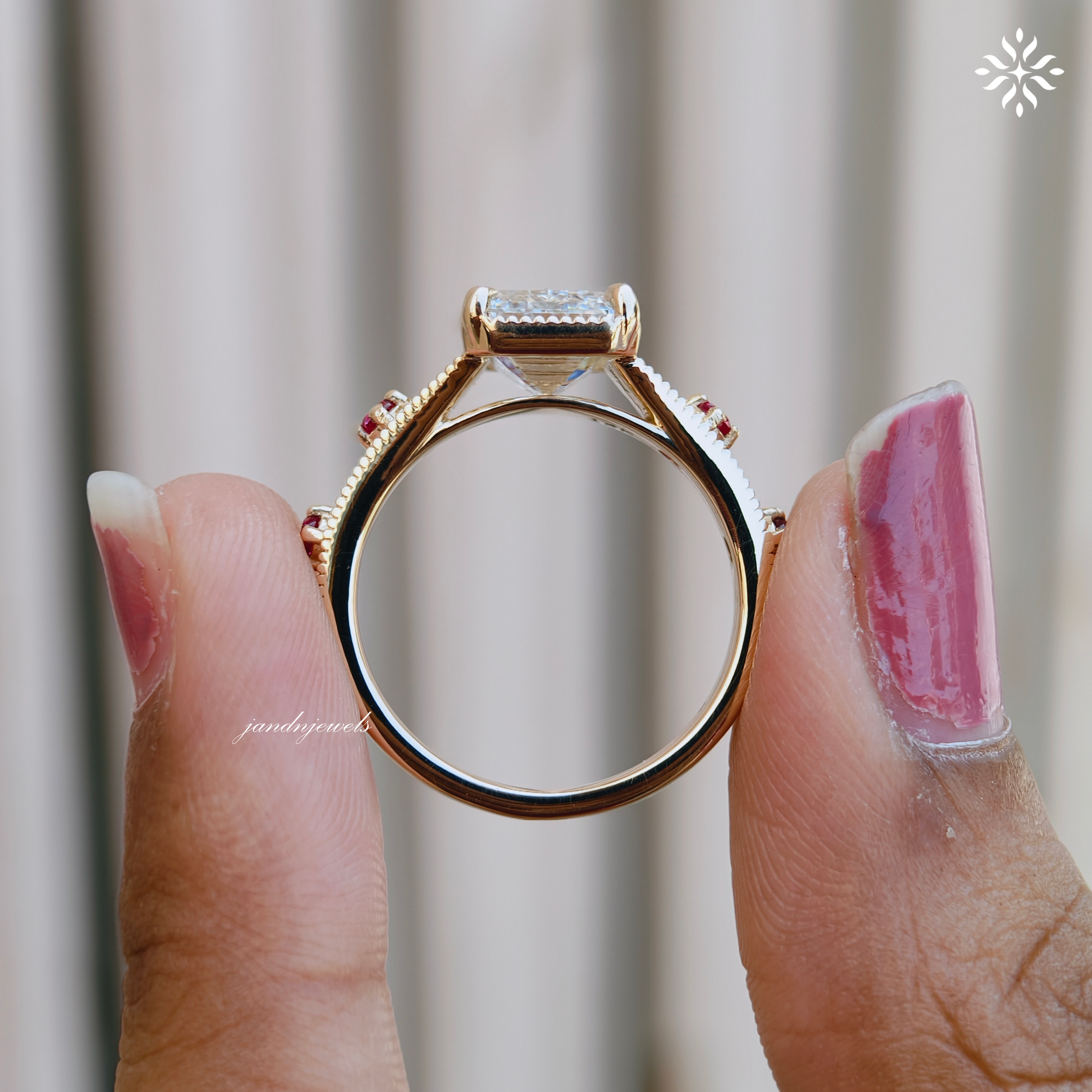 3CT Emerald Cut Lab Grown Diamond Engagement Ring, Pink Sapphire Side Stone Ring, Vintage Inspired Engraved Band, 14K Gold Wedding Ring