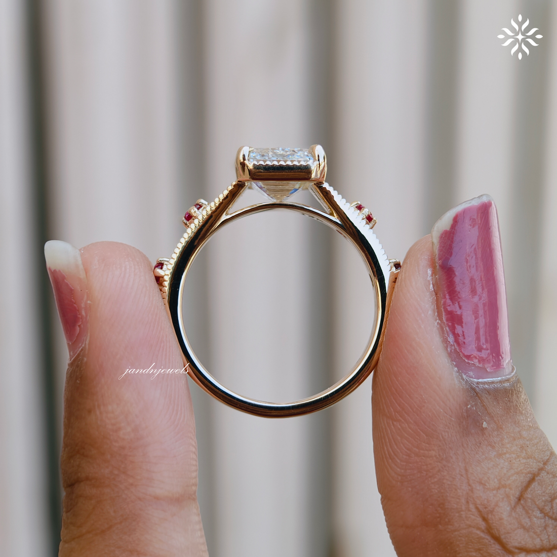 3CT Emerald Cut Lab Grown Diamond Engagement Ring, Pink Sapphire Side Stone Ring, Vintage Inspired Engraved Band, 14K Gold Wedding Ring