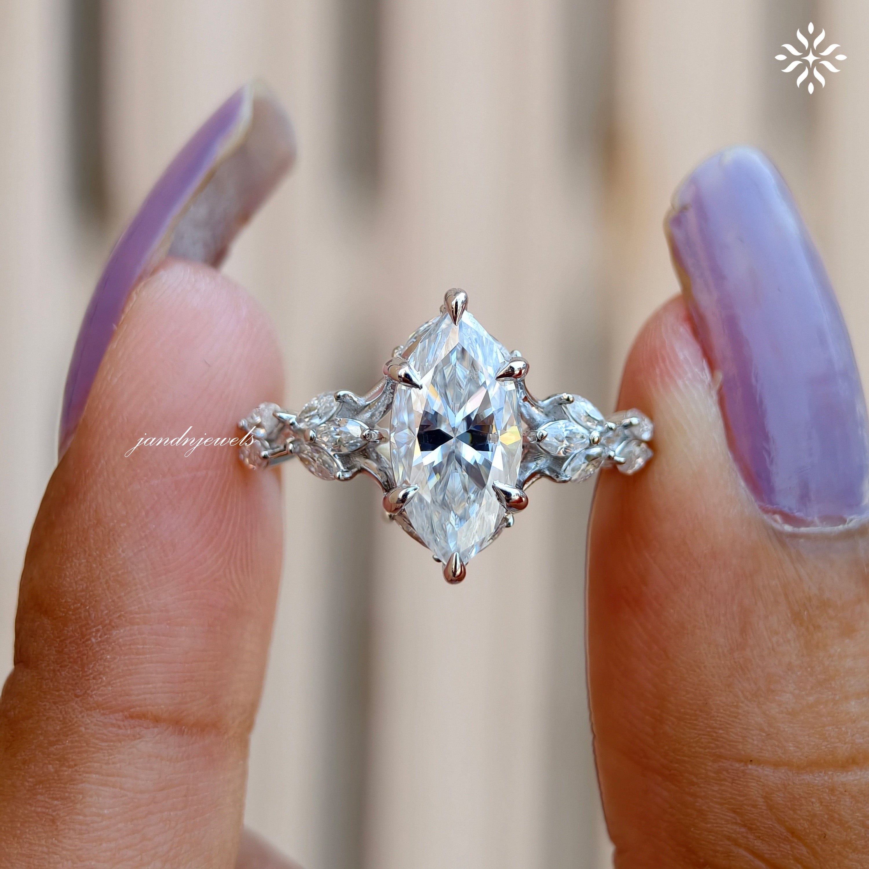 2CT Marquise Cut Moissanite Engagement Ring 14K White Gold Floral Vine Art Deco Ring