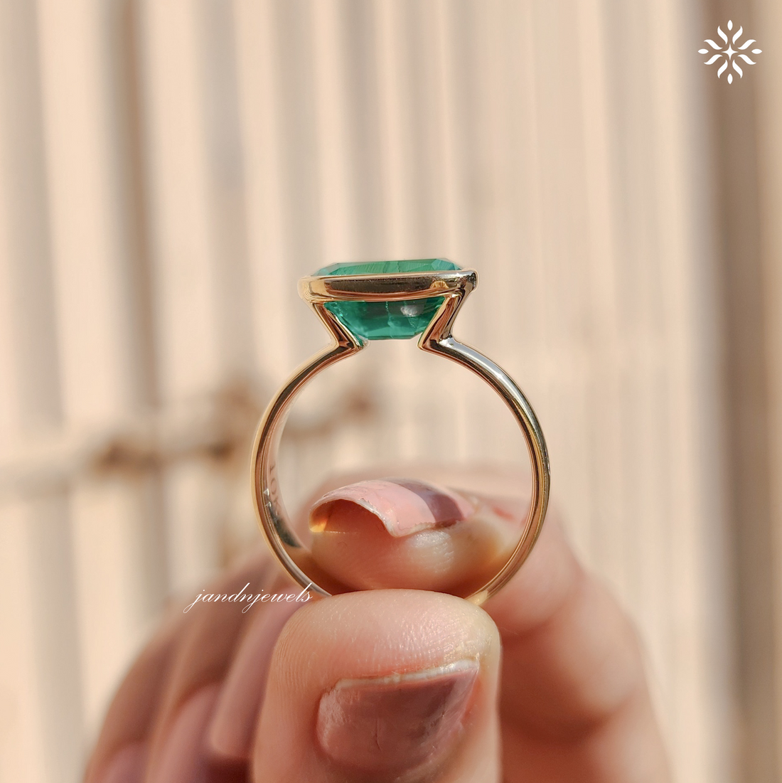 Green Emerald Cushion Cut Ring Bezel Set Solitaire 14K Gold Engagement Ring East West Ring