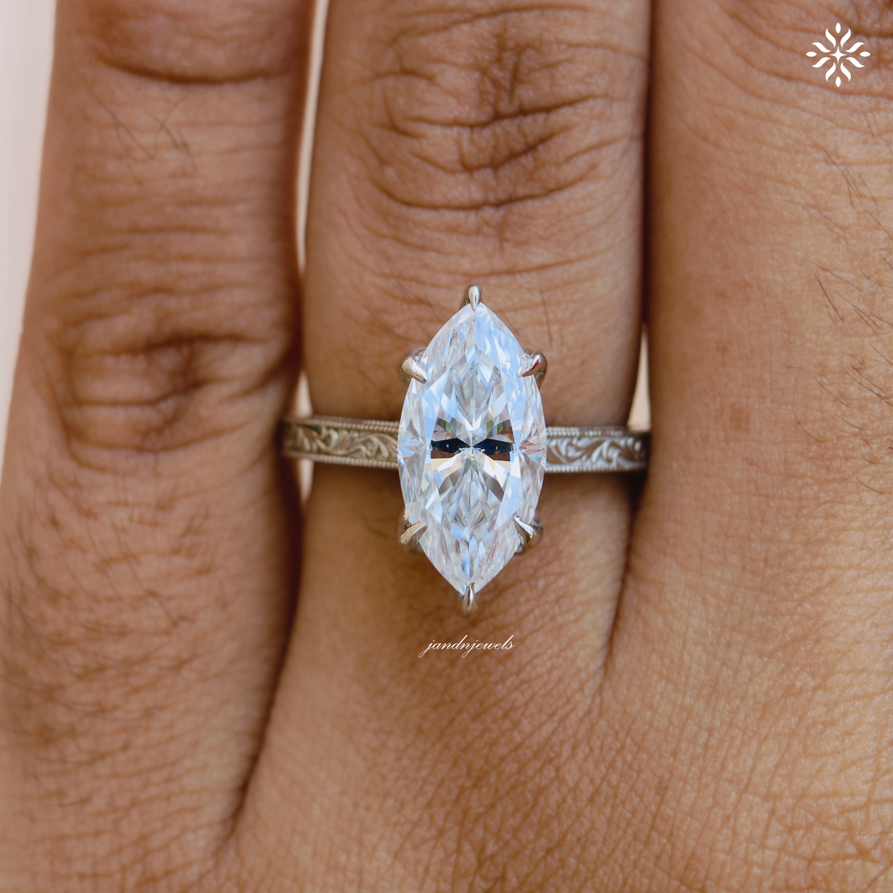 2.5CT Filigree Marquise Cut Moissanite Engagement Ring Art Deco Engraved Band Solitaire Ring 14K Gold Six Prong Designer Bridal Ring for Her