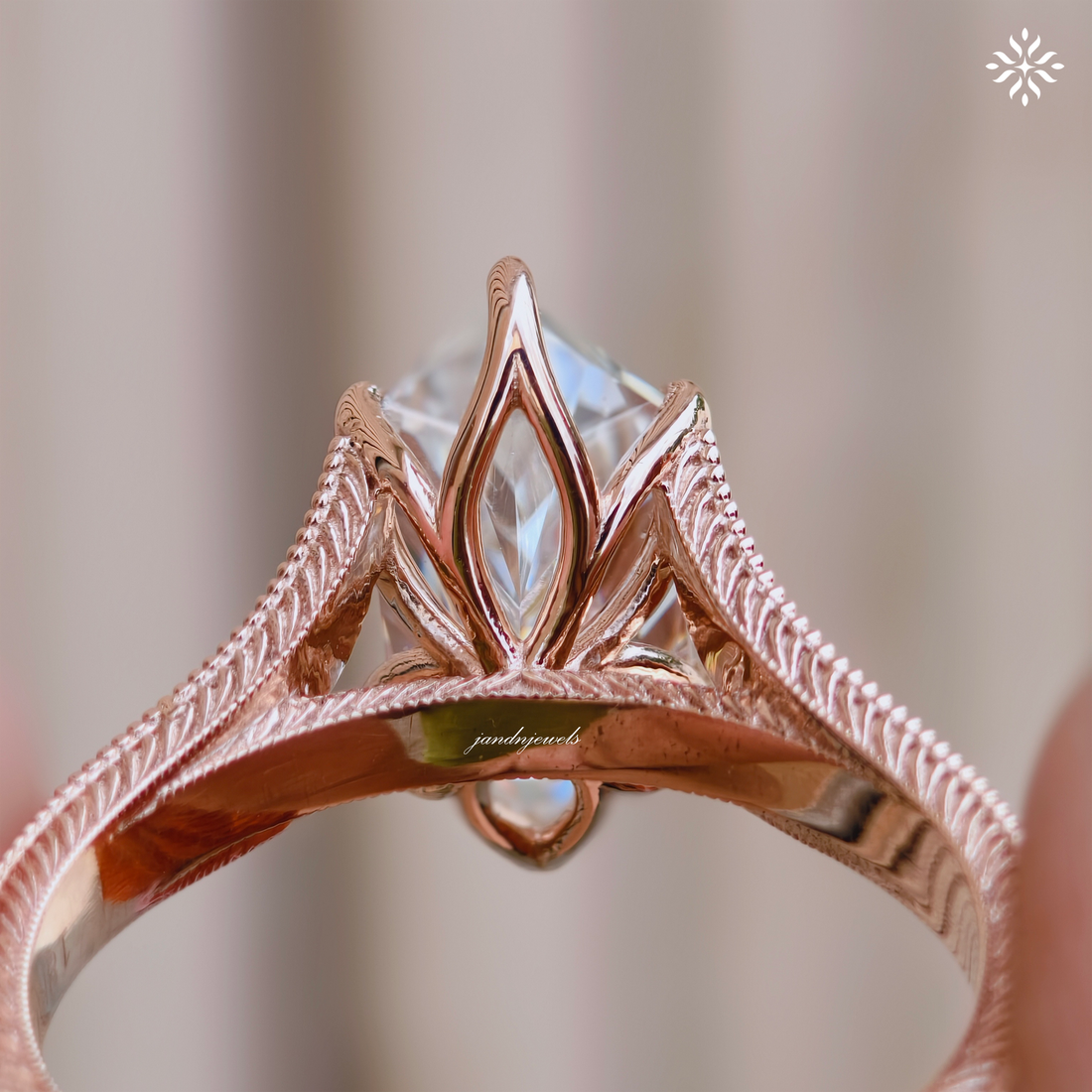 Dutch Marquise Moissanite Engagement Ring Art Deco Engraved Band Solitaire Ring 14K Gold Six Prong Designer Bridal Ring For Her