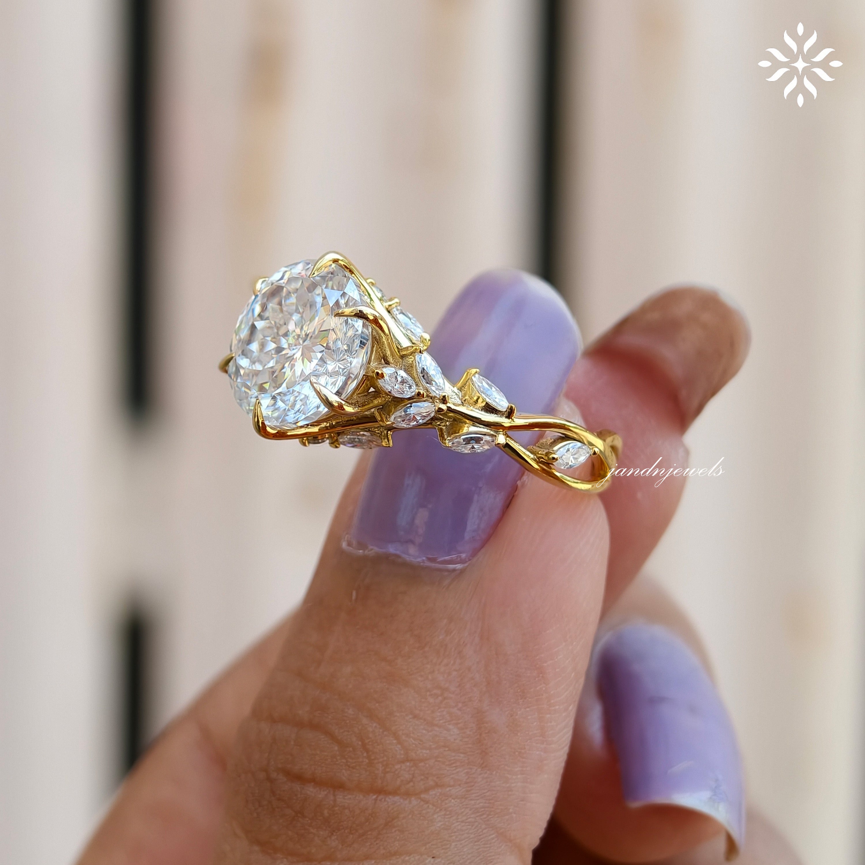 Floral Portuguese Cut Moissanite Engagement Ring Art Deco14K Gold Moissanite Diamond Wedding Ring Nature Inspire Ring Promise Ring For Women