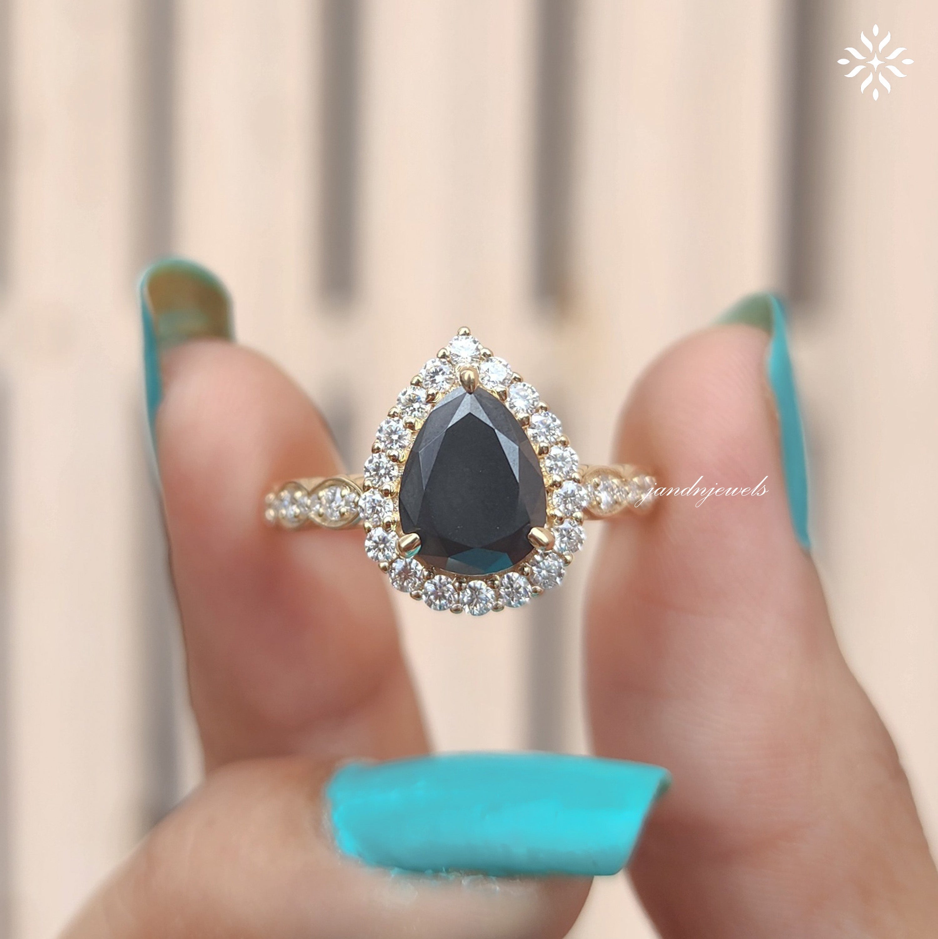 Black Pear Moissanite Ring Set Vintage Inspired Halo Engagement Ring With Marquise Wedding Band
