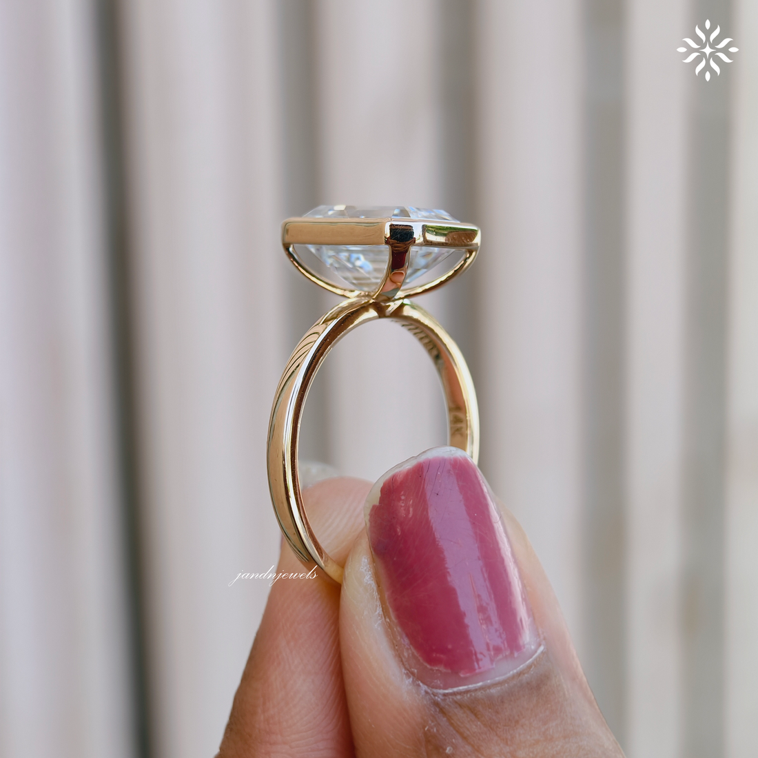 3 Carat Emerald Cut Lab Grown Diamond Engagement Ring | 14K Gold Bezel | IGI Certified