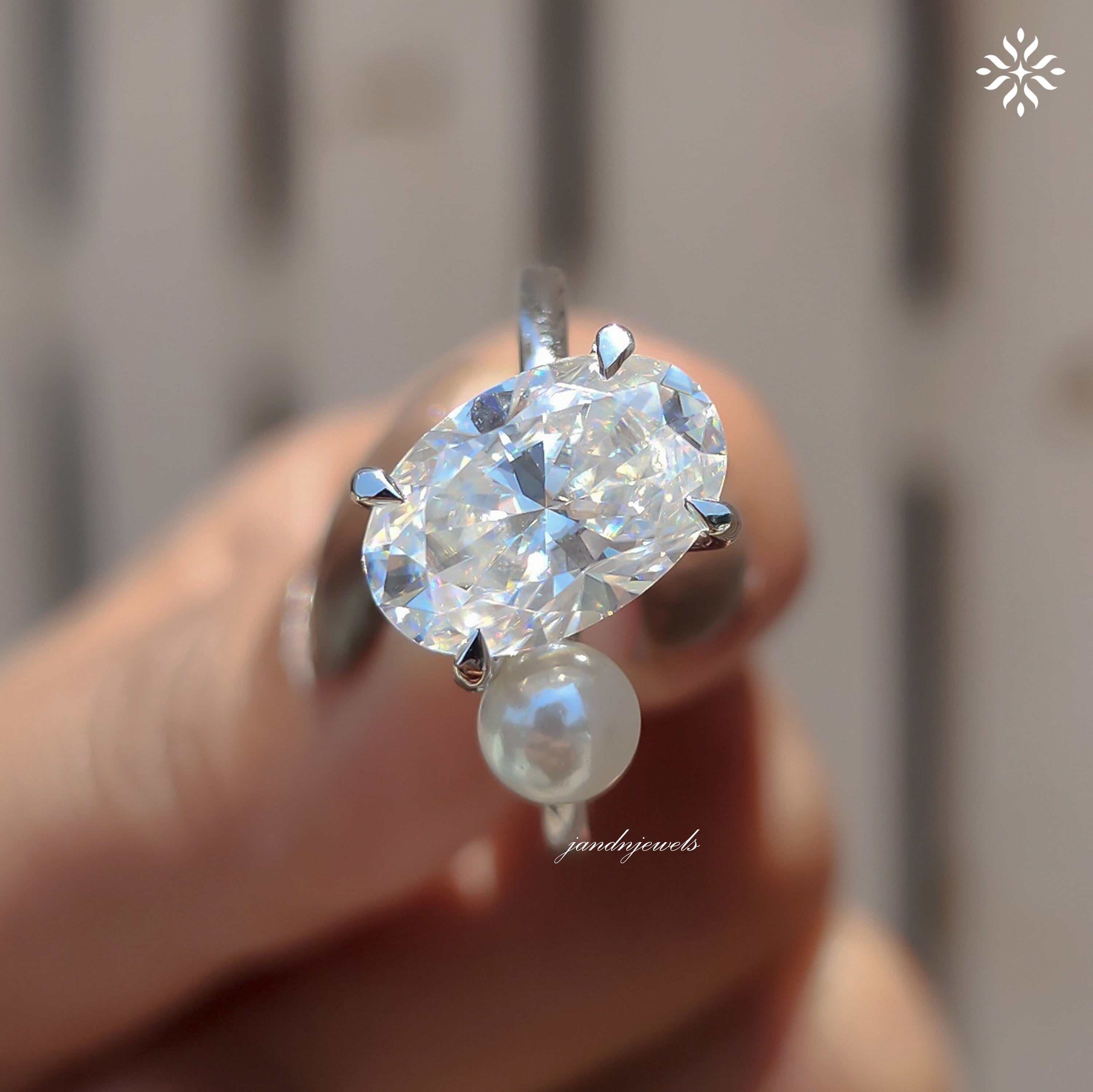 Oval Moissanite & Pearl Two Stone Ring, Toi Et Moi Design