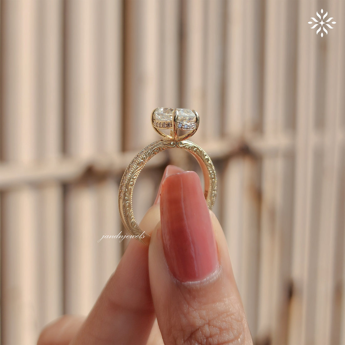 2CT Oval Cut Moissanite Engagement Ring Solitaire Diamond Ring Handcrafted Engraved Wedding Band 14K Solid Gold Hidden Halo Ring