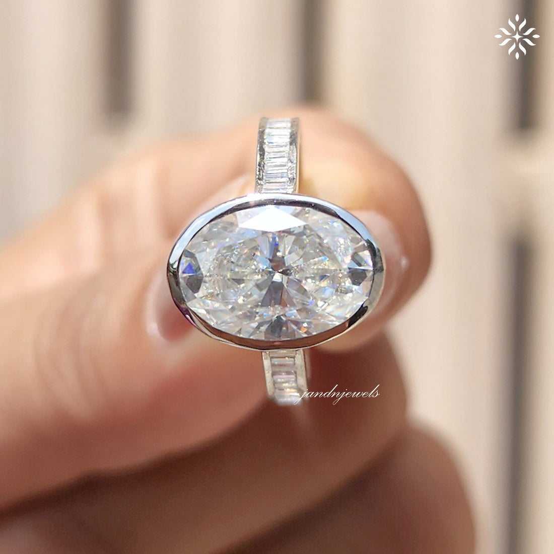 3CT Oval Cut Moissanite Engagement Bezel Ring Set Channel Set Wedding Ring 14K Solid Gold Ring for Her