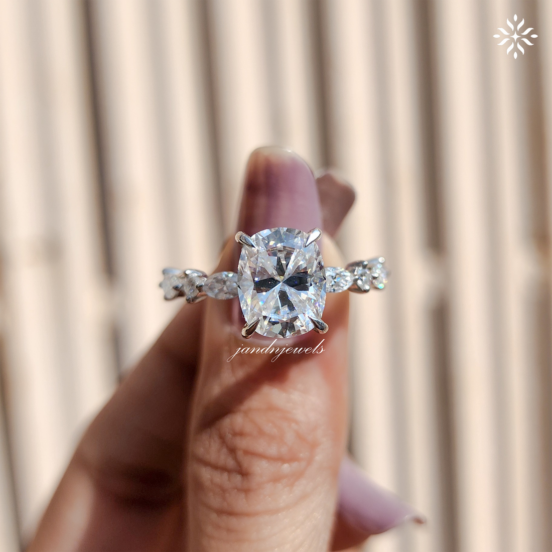 Unique Hidden Halo Cushion Cut Moissanite Engagement Ring Marquise Band Elongated Moissanite Wedding Ring Women Promise Anniversary Ring