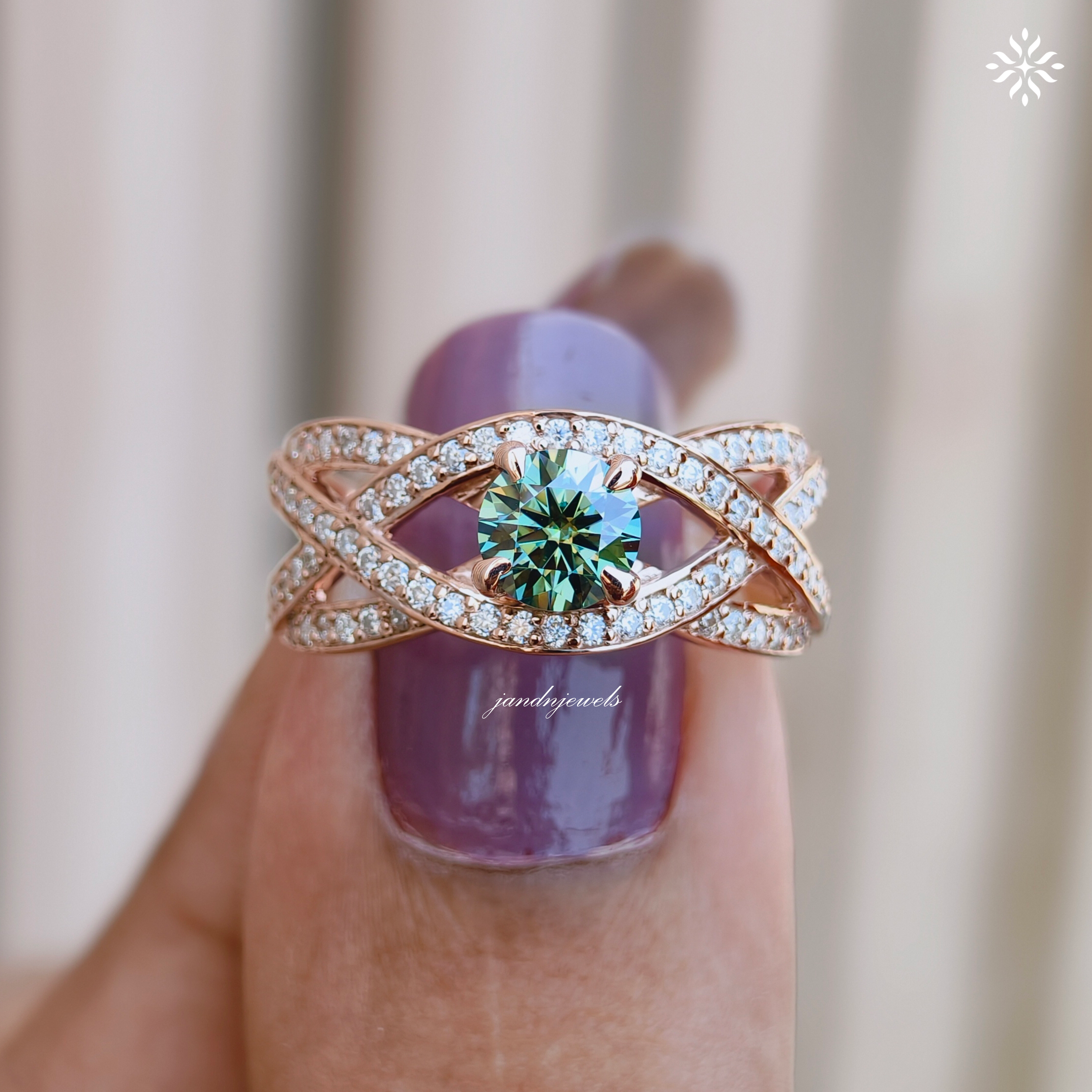Cyan Blue Round Cut Moissanite Engagement Ring, Floral Wedding Ring, Unique Pave Band, 14K Gold Ring, Diamond Ring, Anniversary Ring