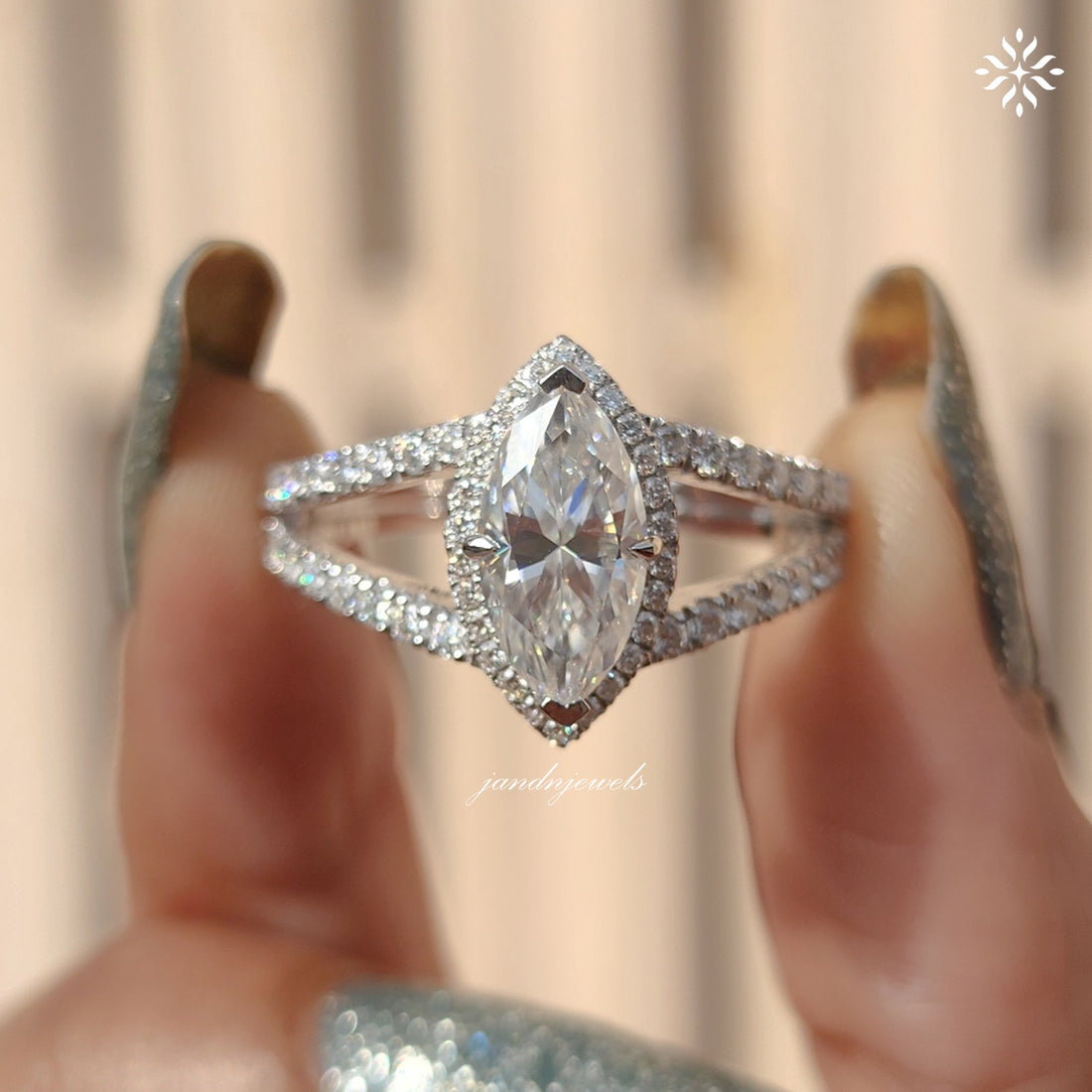 Halo Marquise Cut Moissanite Engagement Ring Split Shank Marquise Ring Unique Diamond Wedding Ring Anniversary Gift for Her